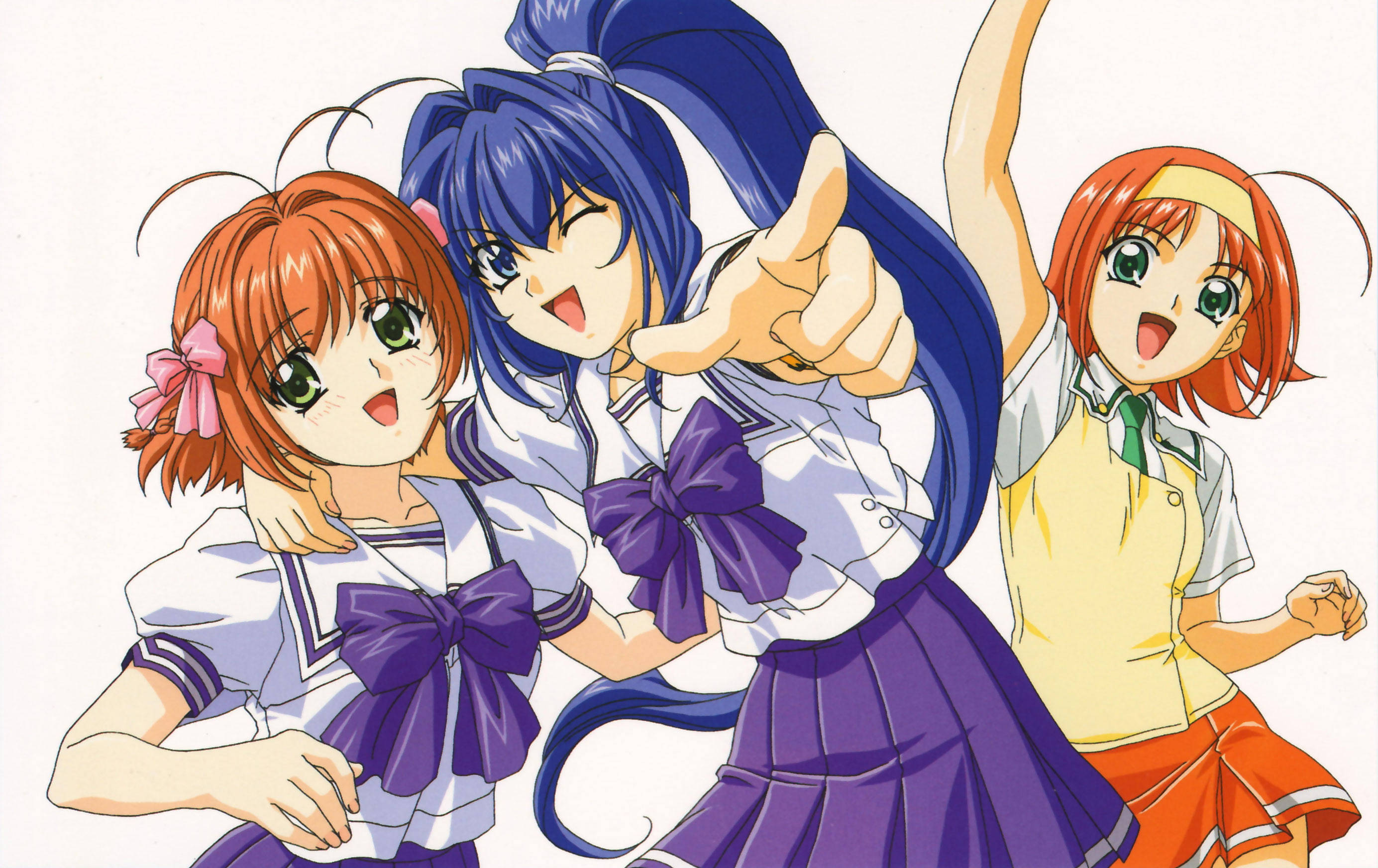 kimi ga nozomu eien 桌布 壁紙 — 三個穿著校服的開心動畫女孩以明亮表情和動感姿勢充滿活力地擺姿勢。