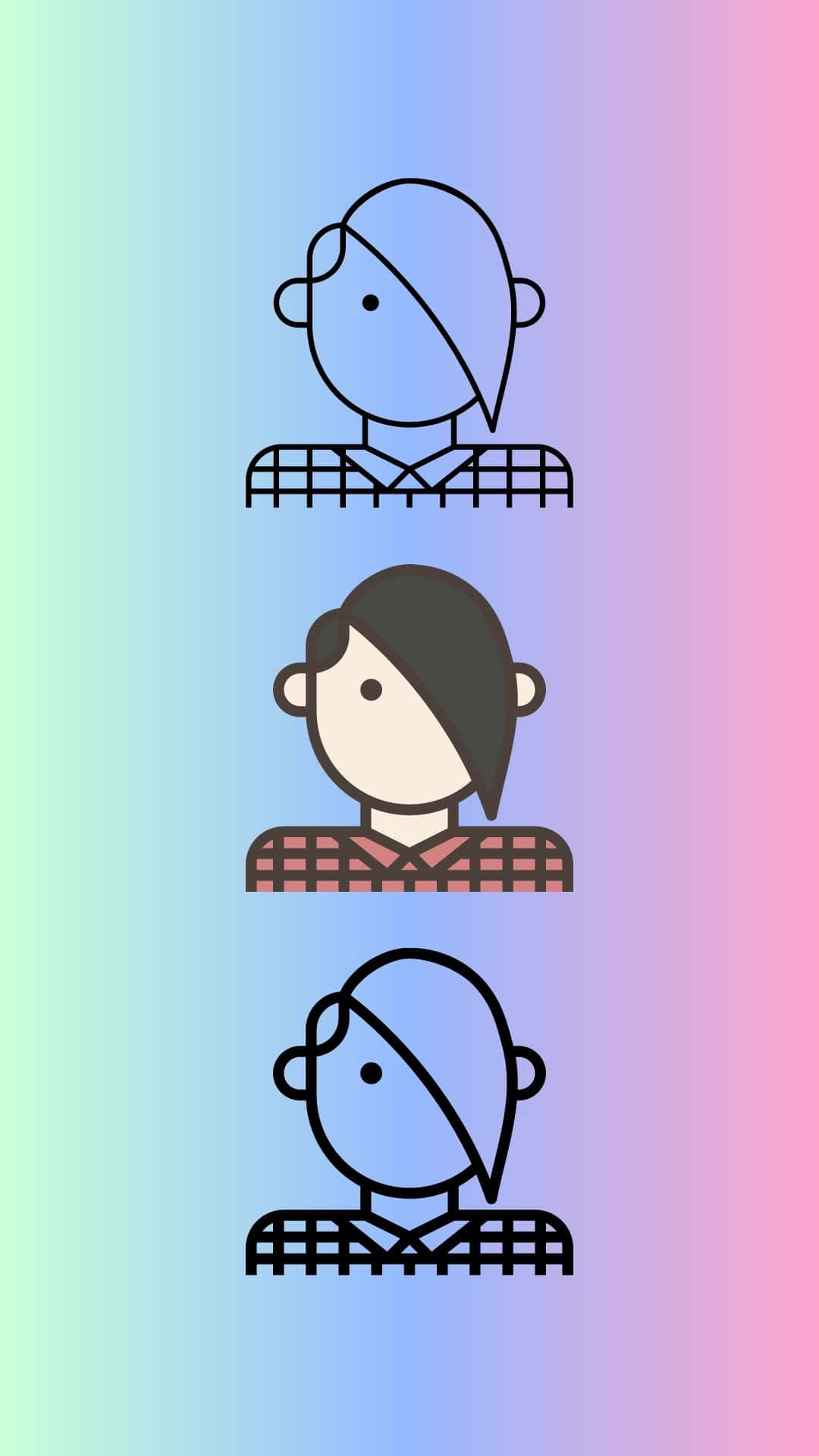 Cute Emo 桌布 壁紙 — 三個穿著格子襯衫的極簡風格人物站在柔和漸變背景前。