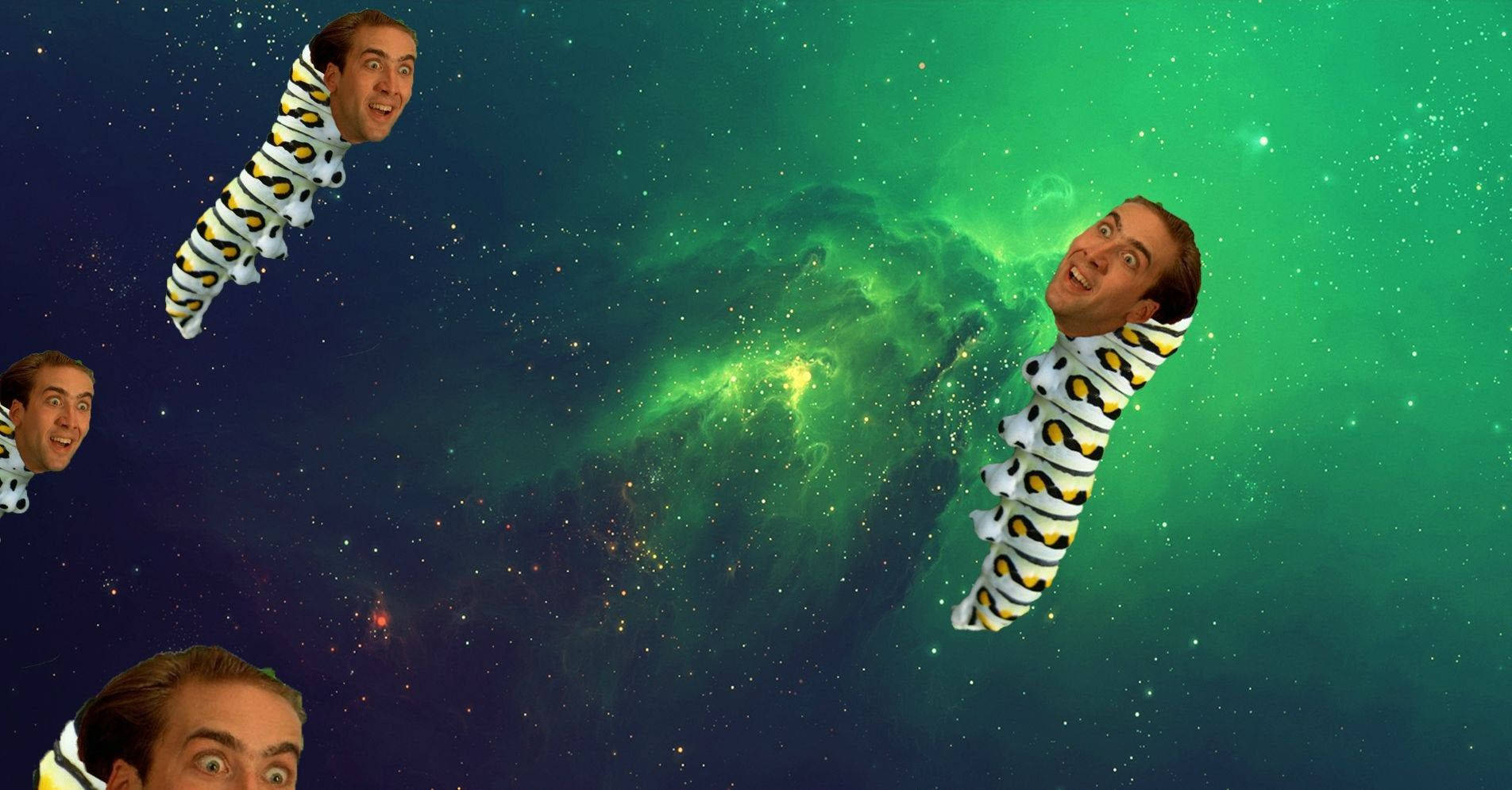 尼可拉斯·凱吉 桌布 壁紙 — 三個穿著條紋睡衣的男人在充滿星星的充滿活力的綠色星雲中快樂地漂浮。
