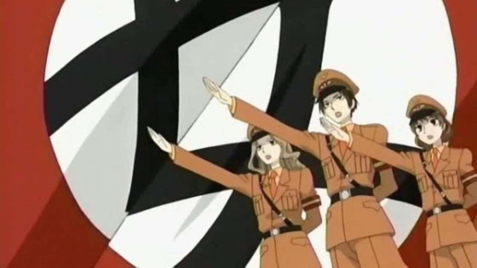 Benio Amakusa 桌布 壁紙 — 三個穿著棕色制服的動漫女孩在紅色背景前向一個大型黑白卍字徽章敬禮。