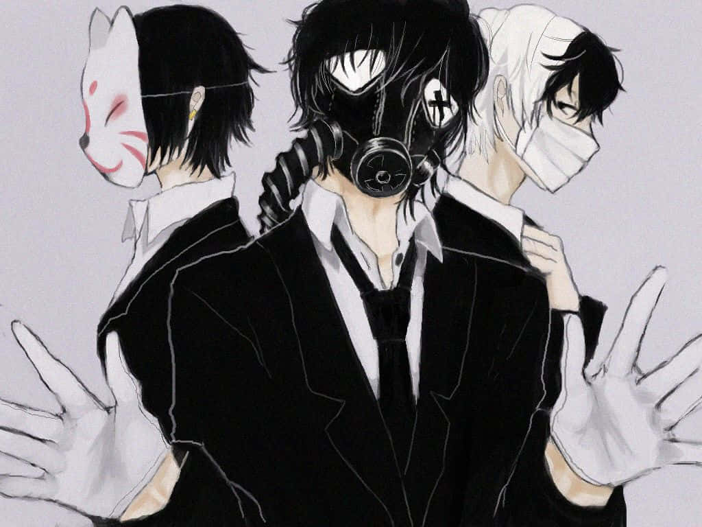 動漫男孩 桌布 壁紙 — 三個穿著正式服裝的動漫角色戴著面具，包括狐狸面具、防毒面具和外科口罩，背景為純色。