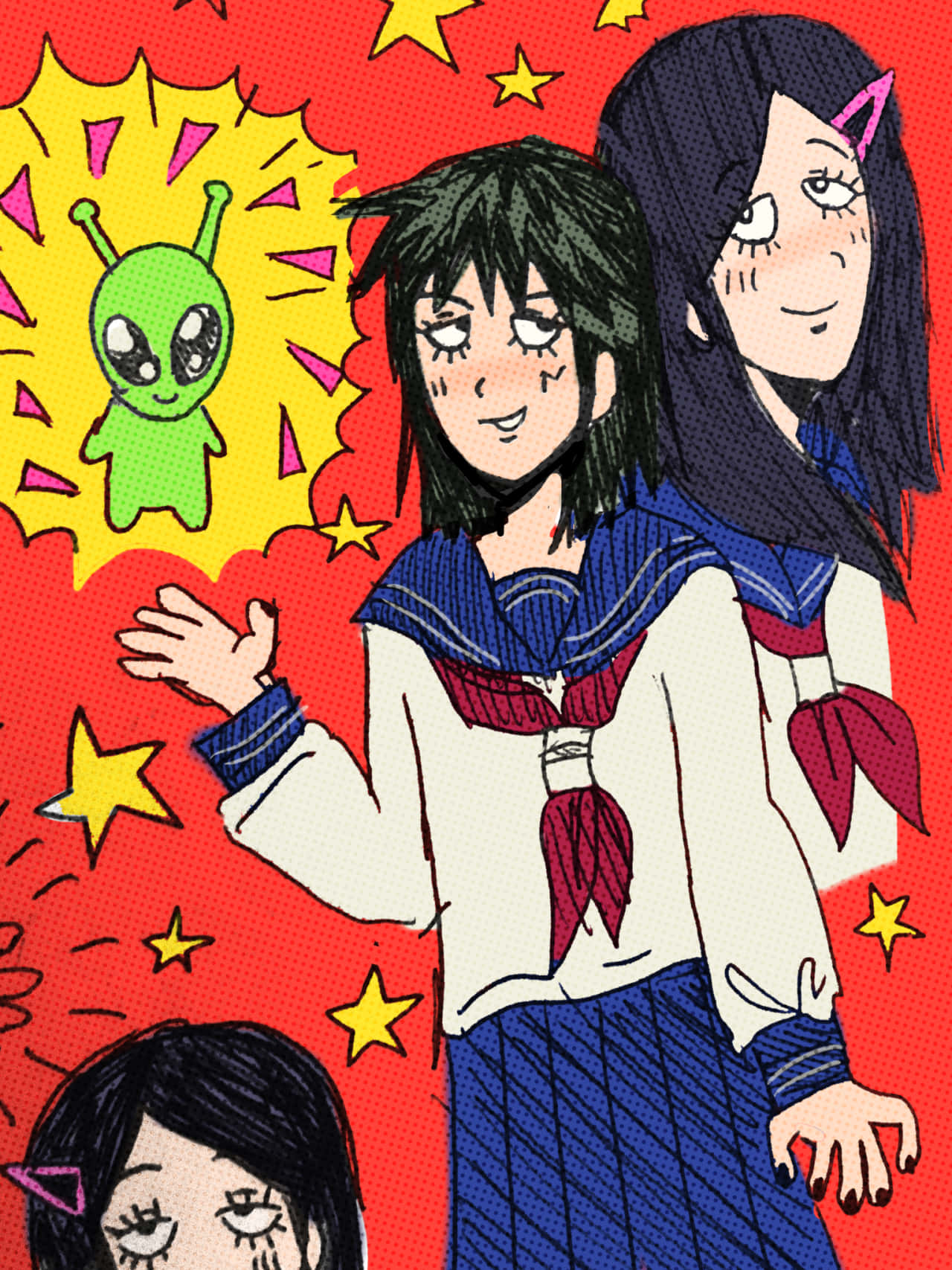 Tome Kurata 桌布 壁紙 — 三個穿著水手服的動畫女孩在充滿黃色星星和綠色外星人的鮮紅色背景前微笑。