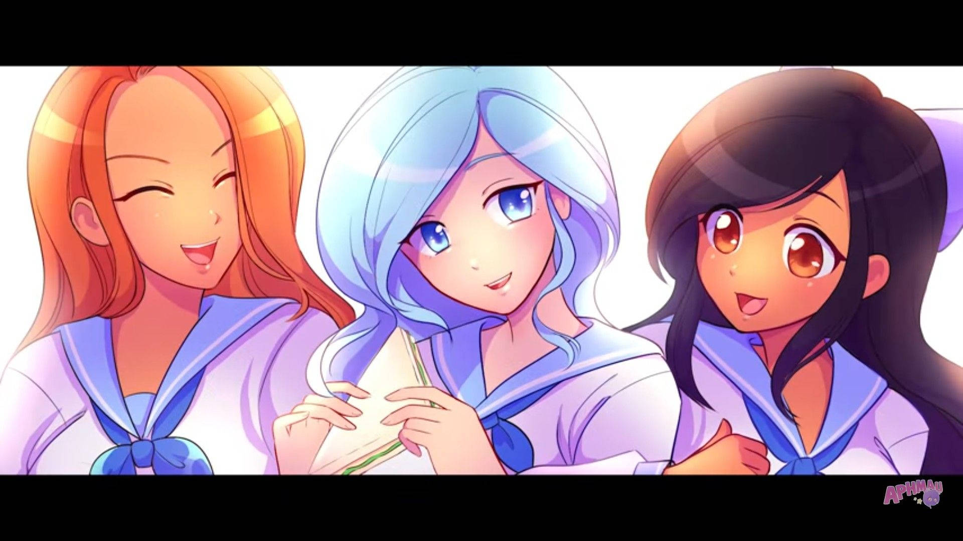Aphmau 桌布 壁紙 — 三個穿著水手服的開心動畫女孩在柔和發光的背景下燦爛微笑。