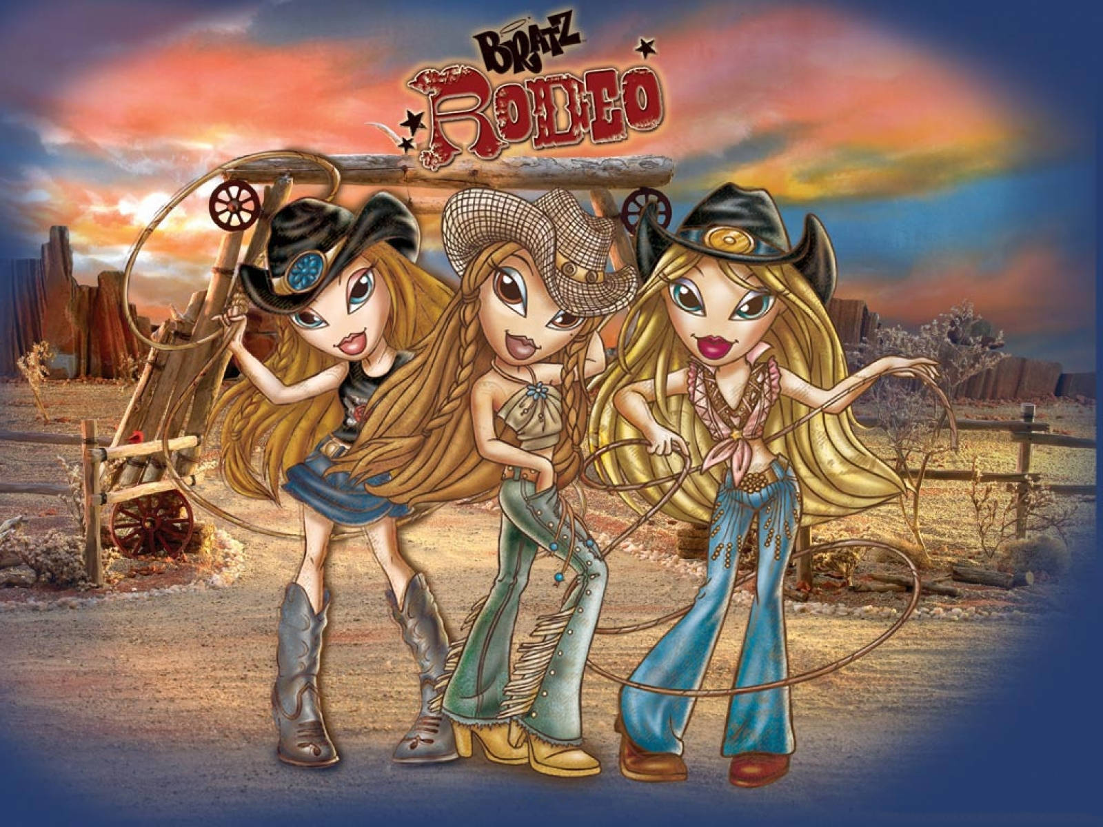 bratz 美學 桌布 壁紙 — 三個穿著牛仔裝備的 Bratz 娃娃在充滿活力的西部日落背景下自信地拿著套索擺姿勢。