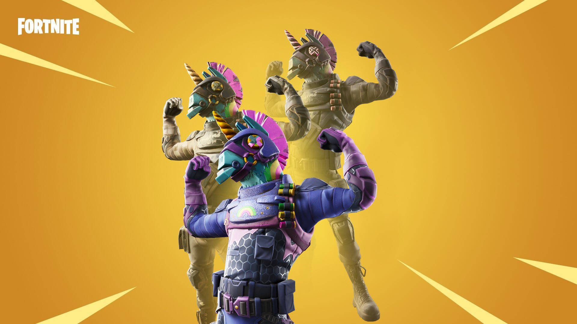 Fortnite 造型 桌布 壁紙 — 三個穿著獨角獸主題盔甲的Fortnite角色在帶有動態光線的耀眼黃色背景上展示肌肉。