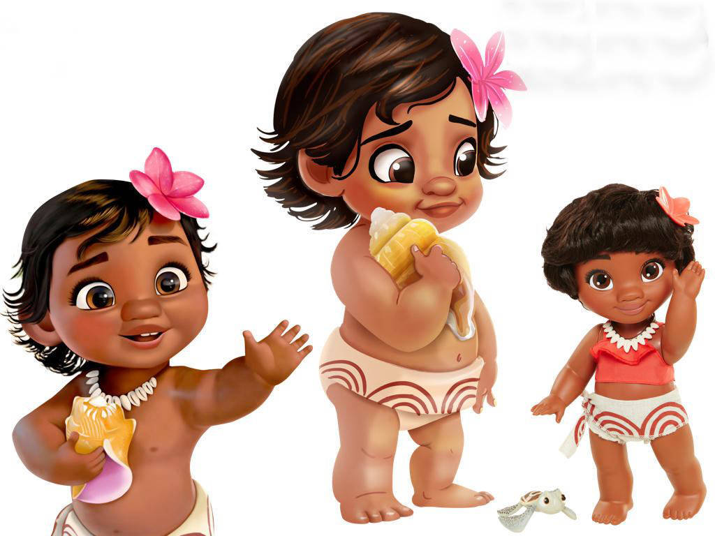 Baby Moana 桌布 壁紙 — 三個穿著玻里尼西亞服裝、開心的寶寶莫阿娜角色，手持貝殼，在純白背景前燦爛微笑。