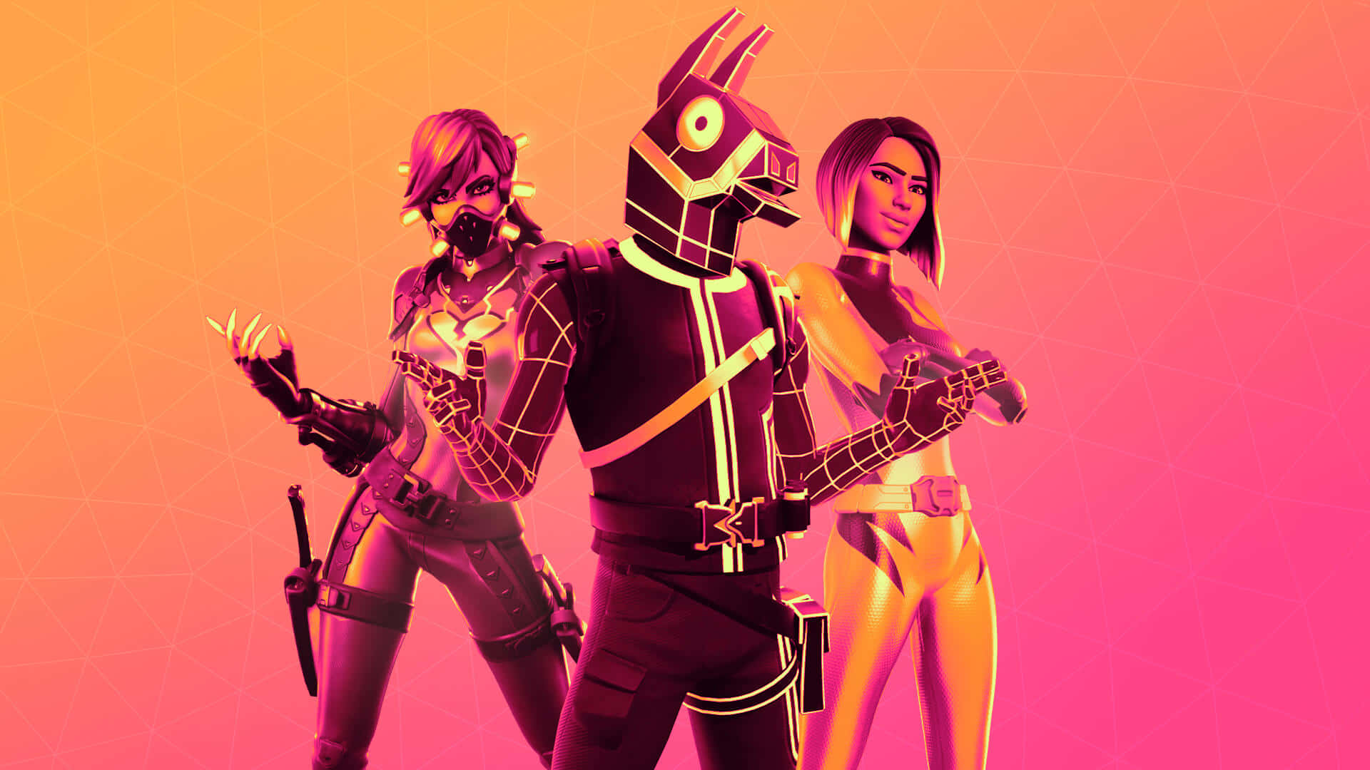 桌布 壁紙 — 三個穿著發光未來裝備的Fortnite角色自信地站在粉紅色和橙色的漸變背景前。