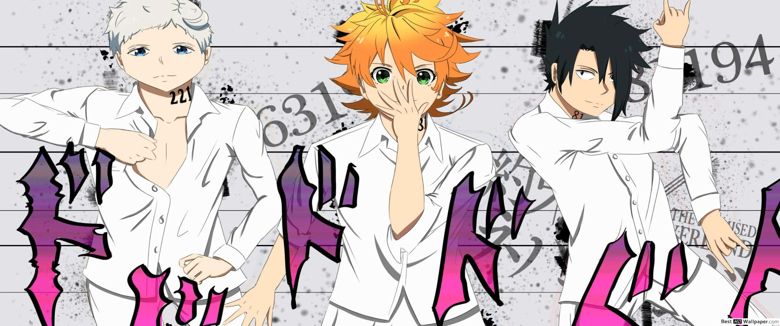Ray The Promised Neverland 桌布 壁紙 — 三個穿著白襯衫的動漫男孩在帶有紫粉色塗鴉的粗糙背景前擺姿勢。