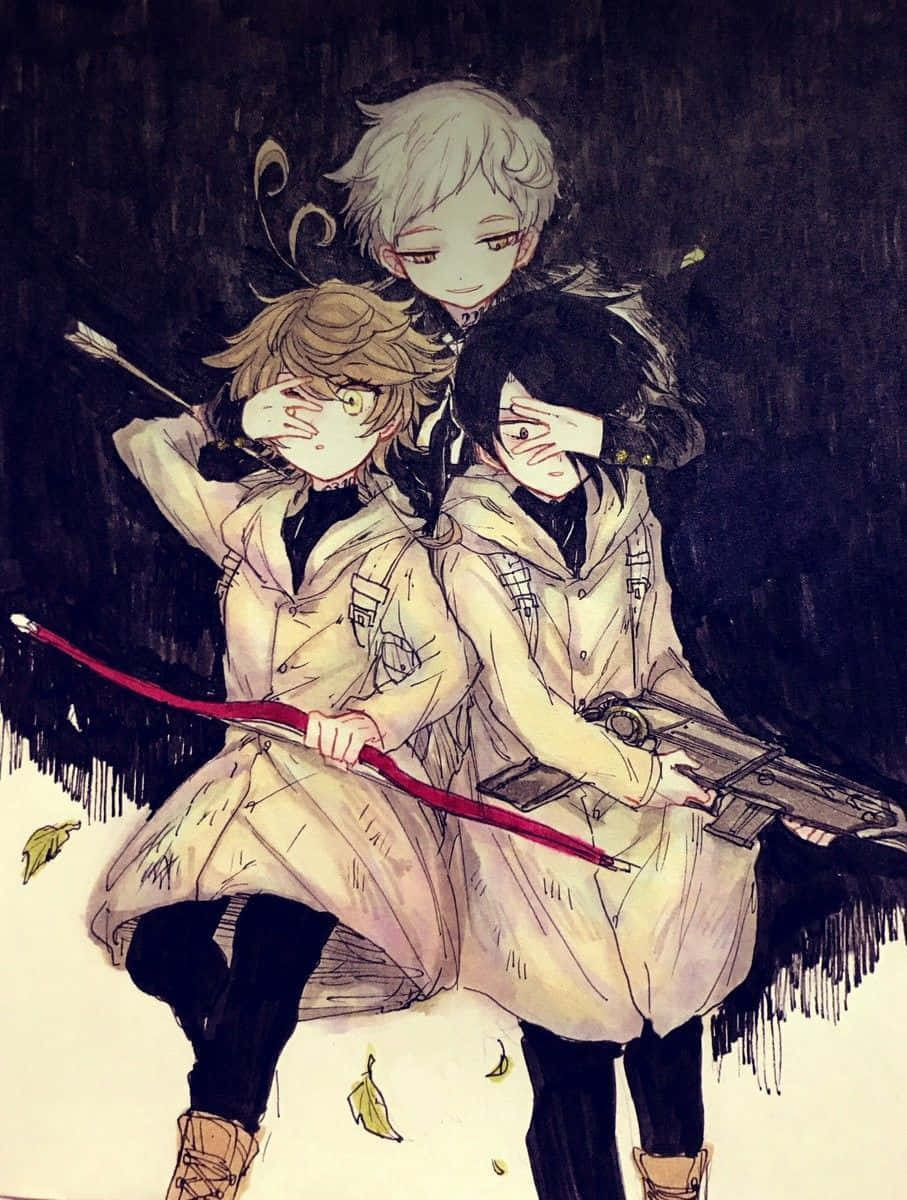 The Promised Neverland Norman 桌布 壁紙 — 三個穿著米色風衣的動漫角色在黑暗的雨景中站在一起，手持武器並用手遮住眼睛。