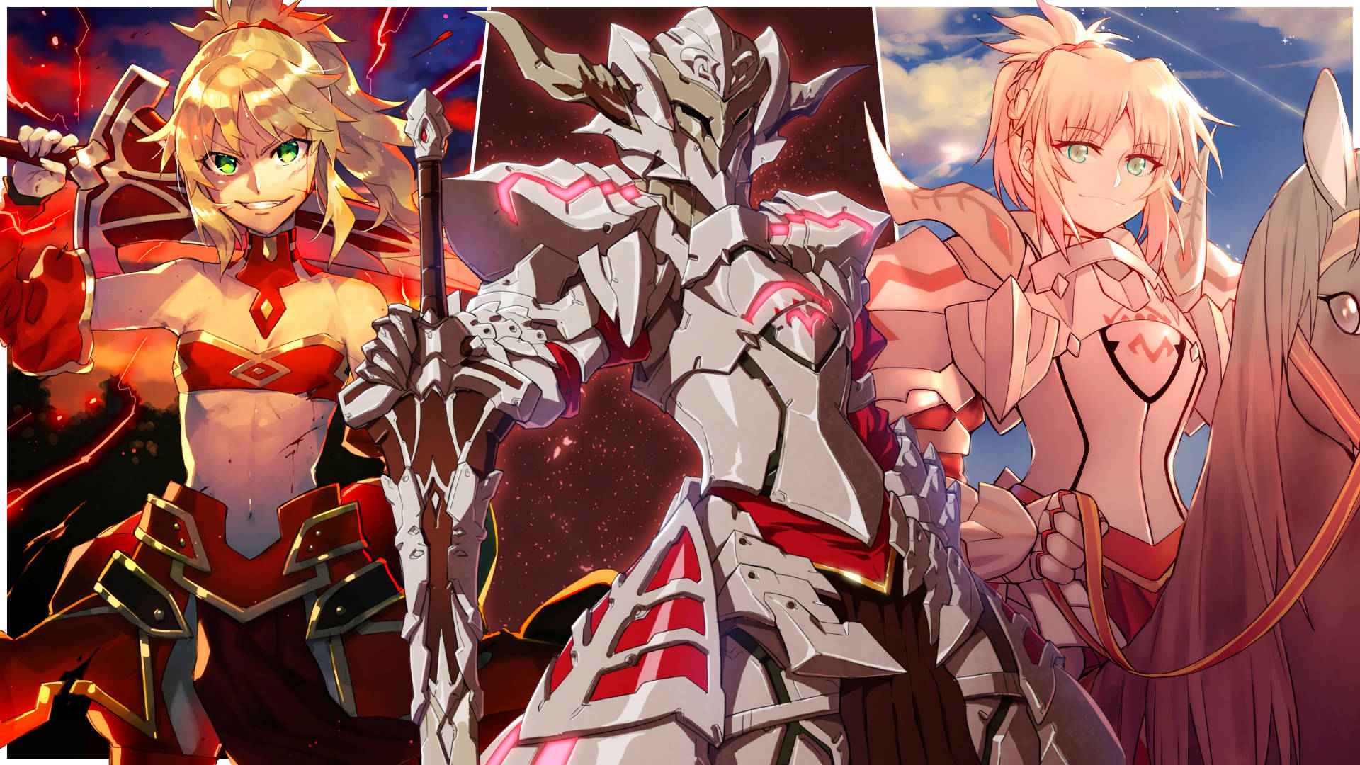 Fate 桌布 壁紙 — 三個穿著精細盔甲的動漫角色，在充滿活力的紅色和藍色天空的宇宙背景下英勇站立。