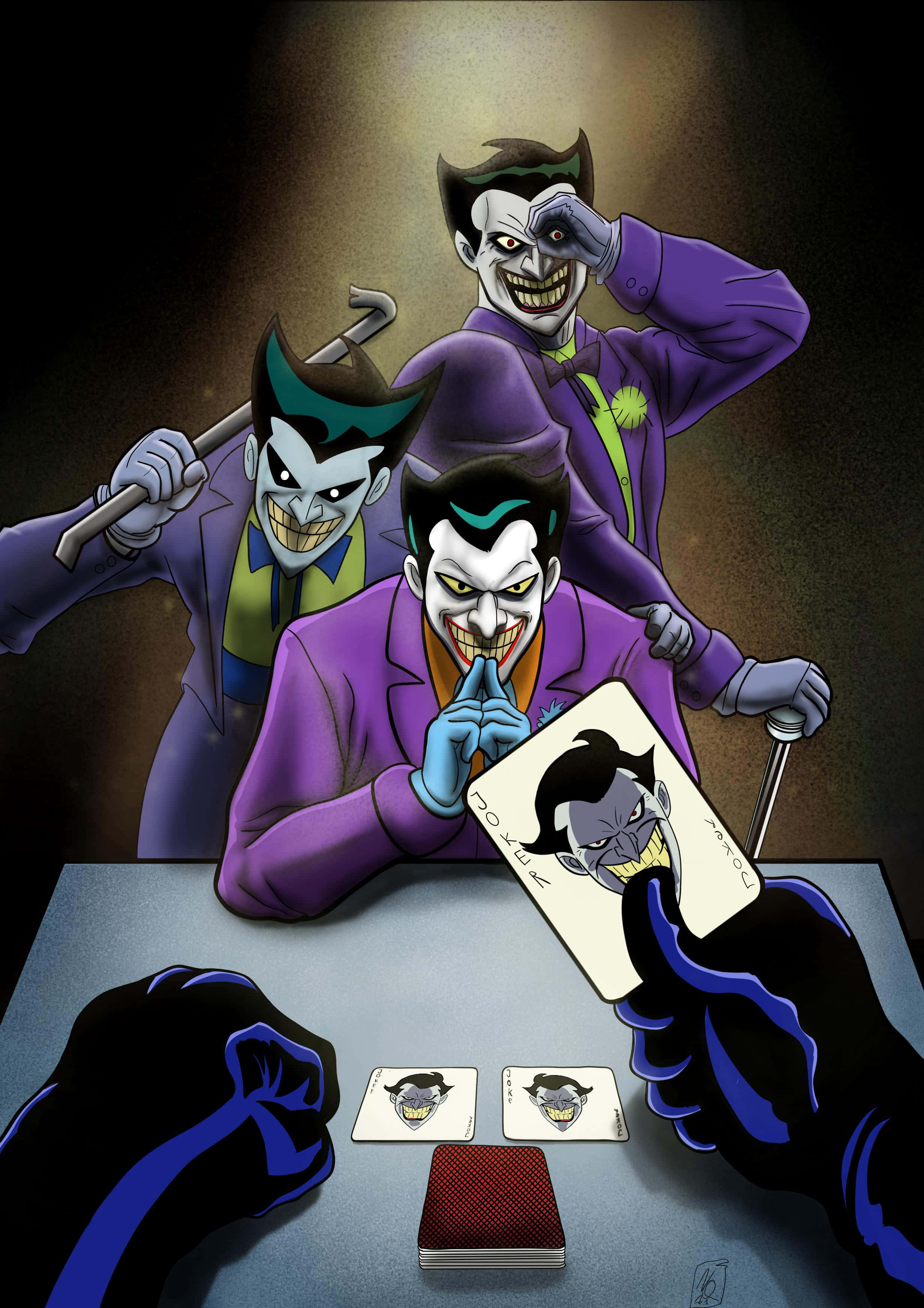 Batman Three Jokers 桌布 壁紙 — 三個穿著紫色西裝的威脅性小丑在戲劇性的聚光燈下玩牌，一隻戴著手套的手伸向牌組。