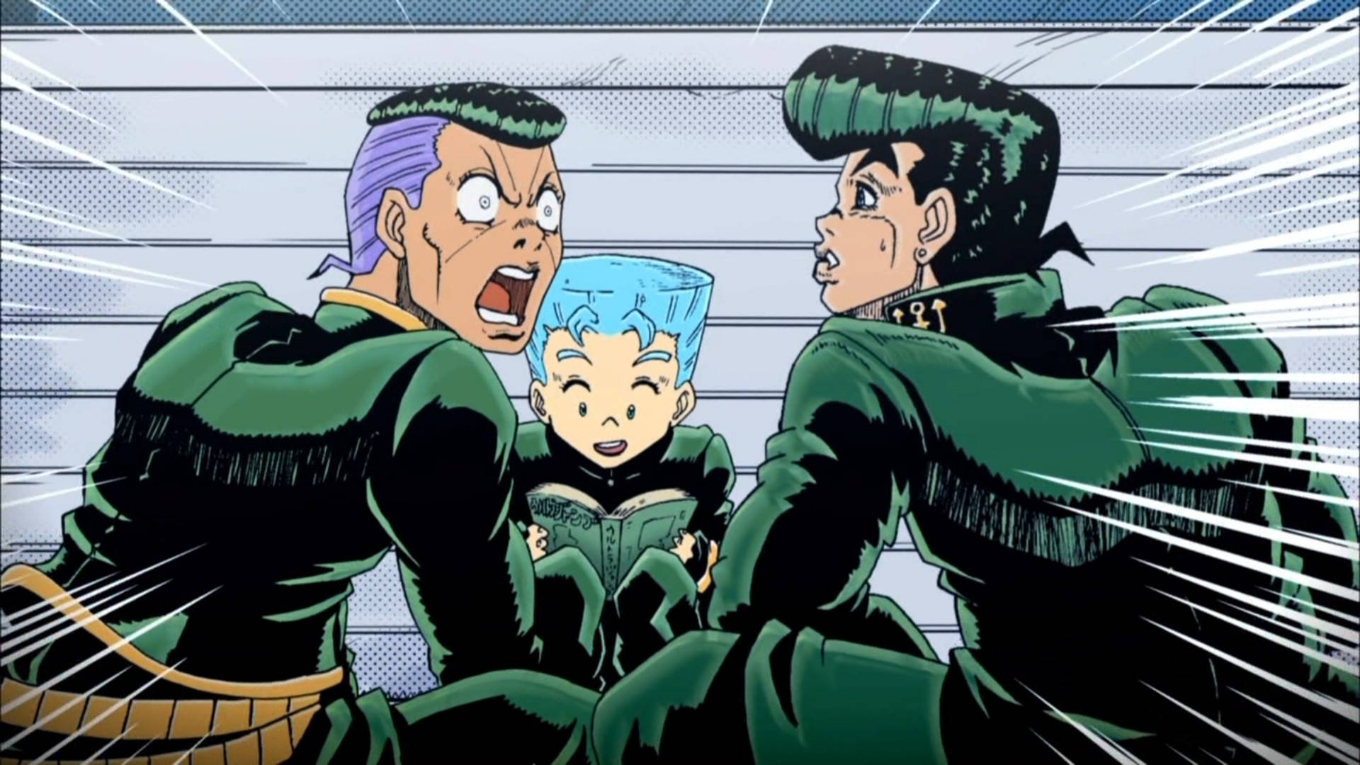jojo 4K 桌布 壁紙 — 三個穿著綠色服裝的動漫角色戲劇性地反應，周圍有速度線。