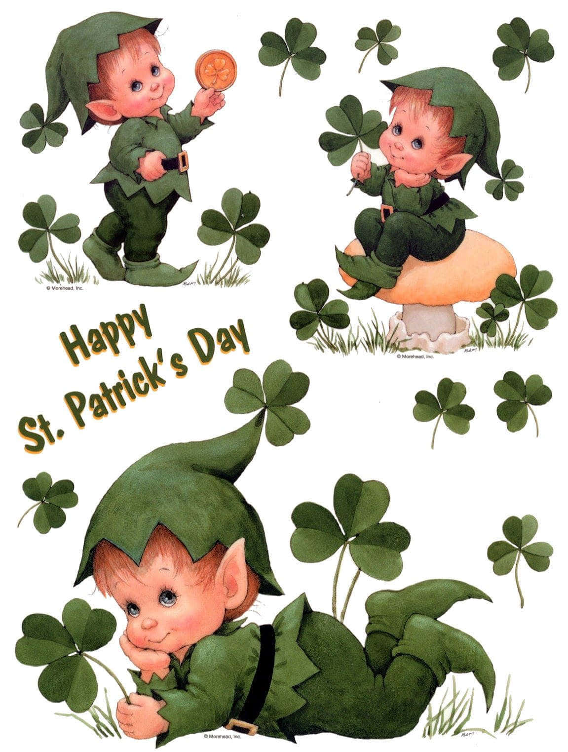 St Patrick's Day Zoom 桌布 壁紙 — 三個穿著綠色服裝的快樂小妖精孩子在三葉草和蘑菇間玩耍，並有「Happy St. Patrick's Day」文字。