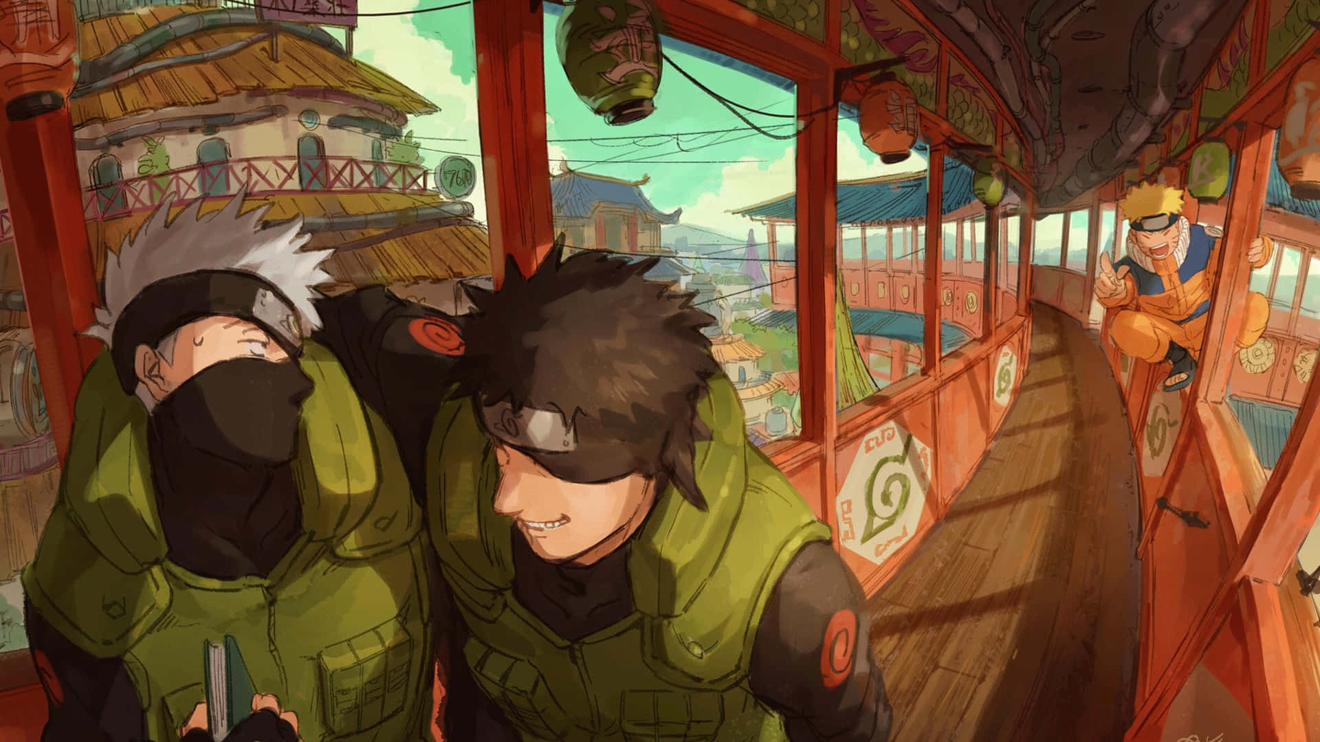 Kakashi And Tobi 桌布 壁紙 — 三個穿著綠色背心的忍者角色，乘坐傳統紅色小船，穿過一個充滿活力的亞洲村莊，村莊有茅草屋頂和掛著的燈籠。