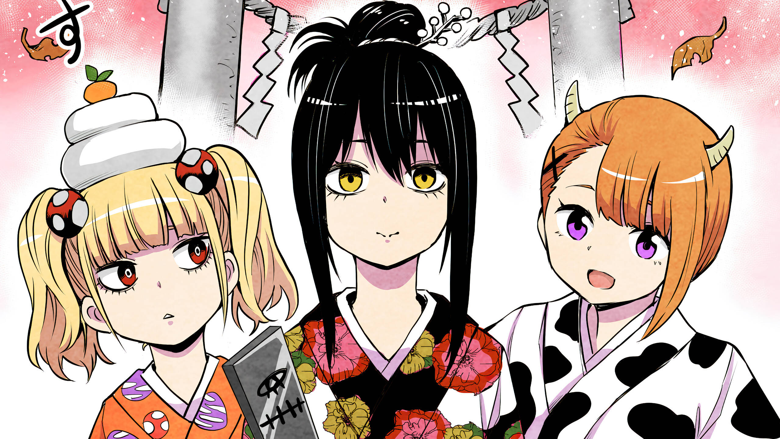 Mieruko Chan 桌布 壁紙 — 三個穿著色彩繽紛和服的動畫女孩站在神社前，周圍有落葉和漂浮的精靈。