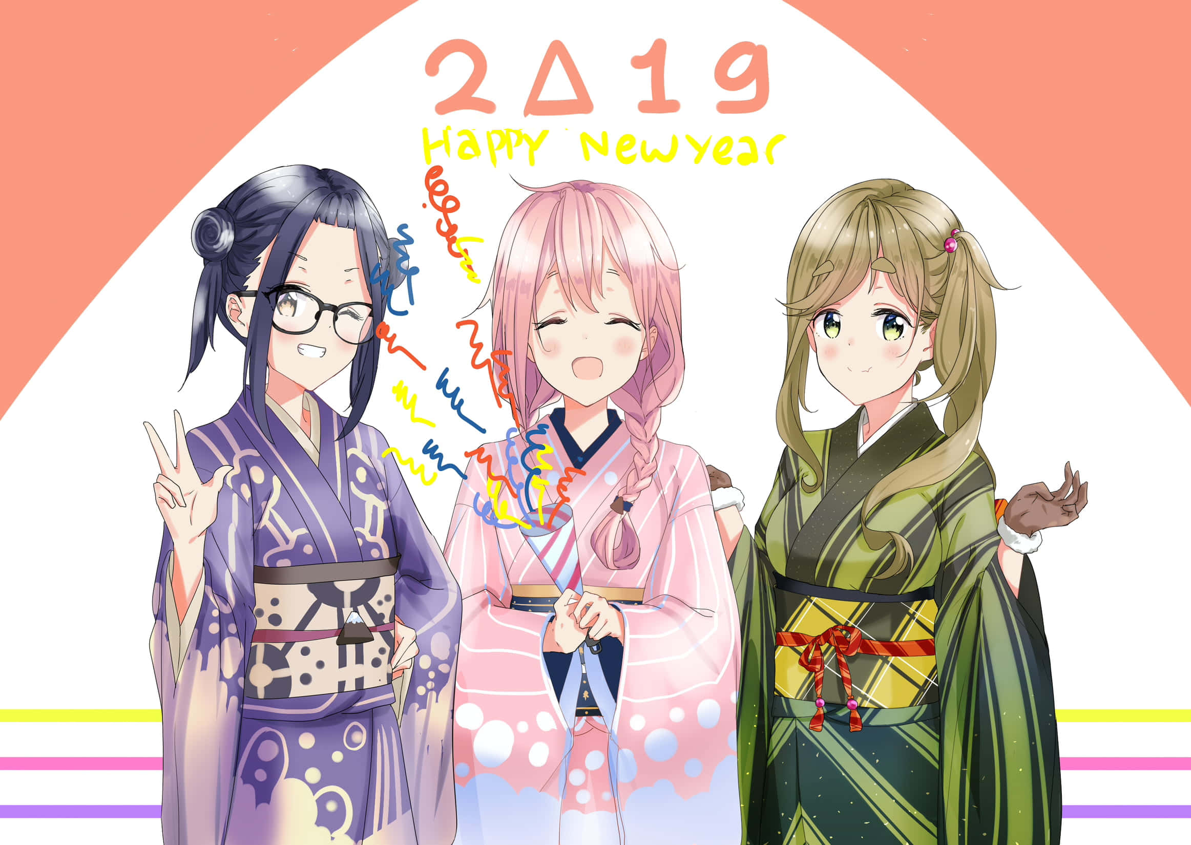 Laid Back Camp 桌布 壁紙 — 三個穿著色彩繽紛和服的開心動漫女孩，在柔和漸變背景前以節日姿勢慶祝新年。