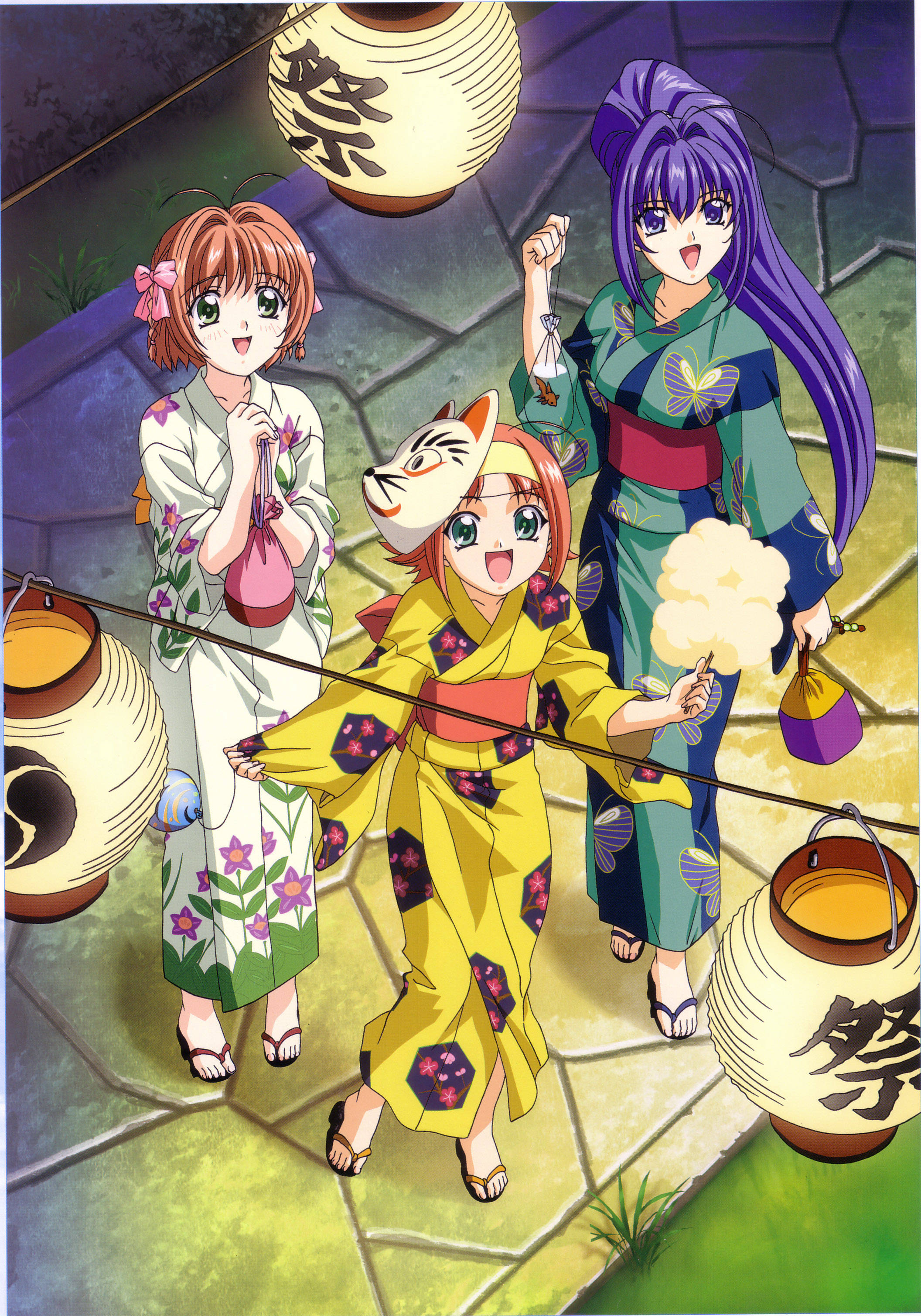 kimi ga nozomu eien 桌布 壁紙 — 三個穿著色彩繽紛和服的開心動畫女孩在暮色天空下的石徑上玩節日燈籠。