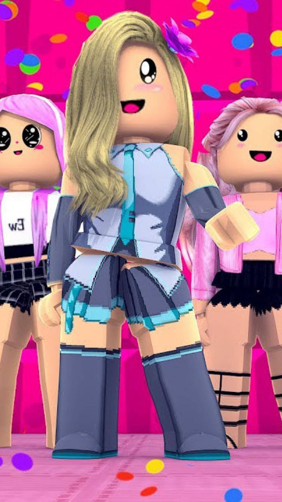 Roblox 桌布 壁紙 — 三個穿著色彩繽紛服裝的開心Roblox頭像在飄落的五彩紙屑下跳舞，背景是充滿活力的粉紅色。