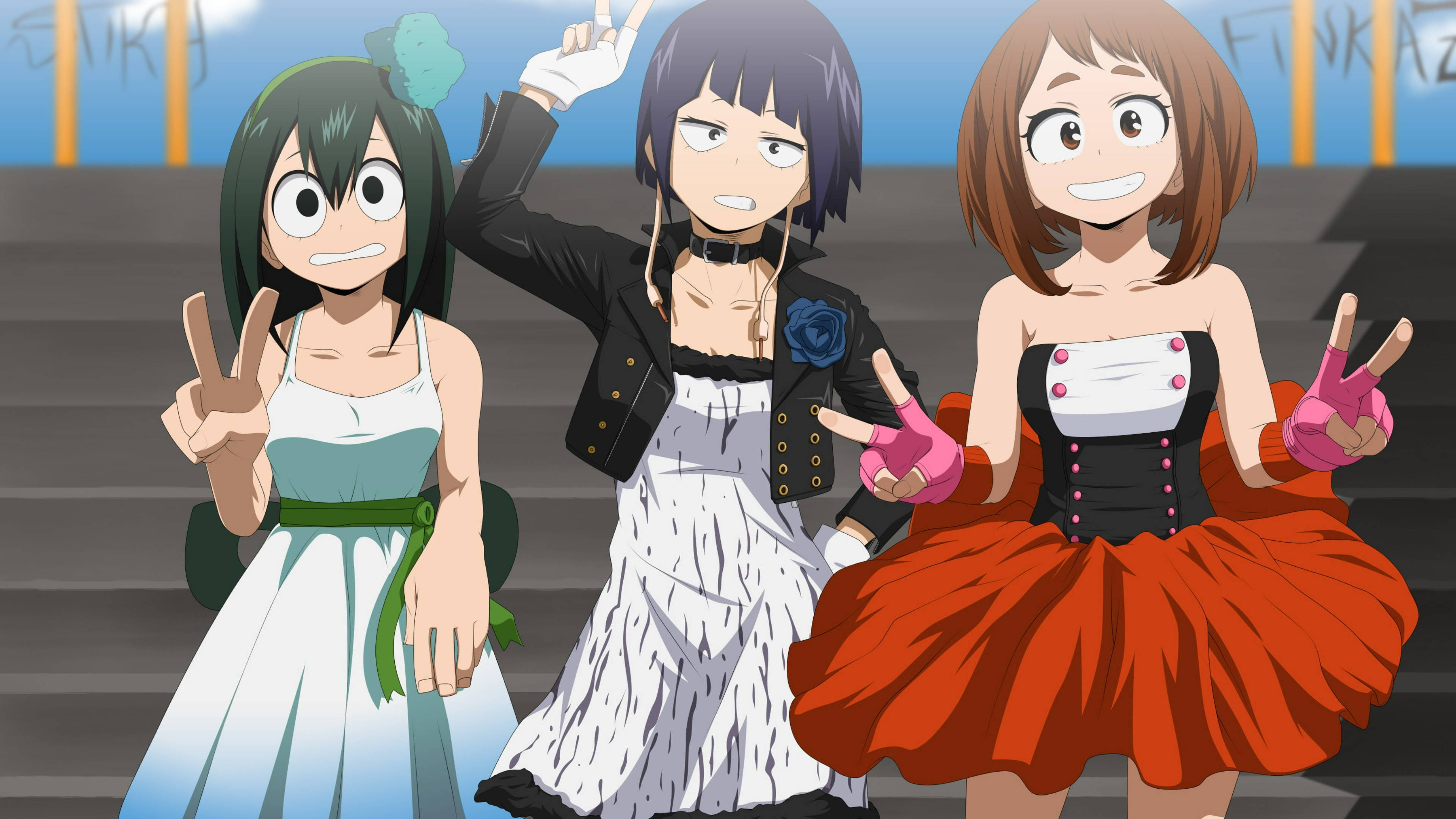 Uraraka 桌布 壁紙 — 三個穿著色彩繽紛連衣裙的動漫女孩在塗鴉背景的混凝土階梯上愉快地擺姿勢。