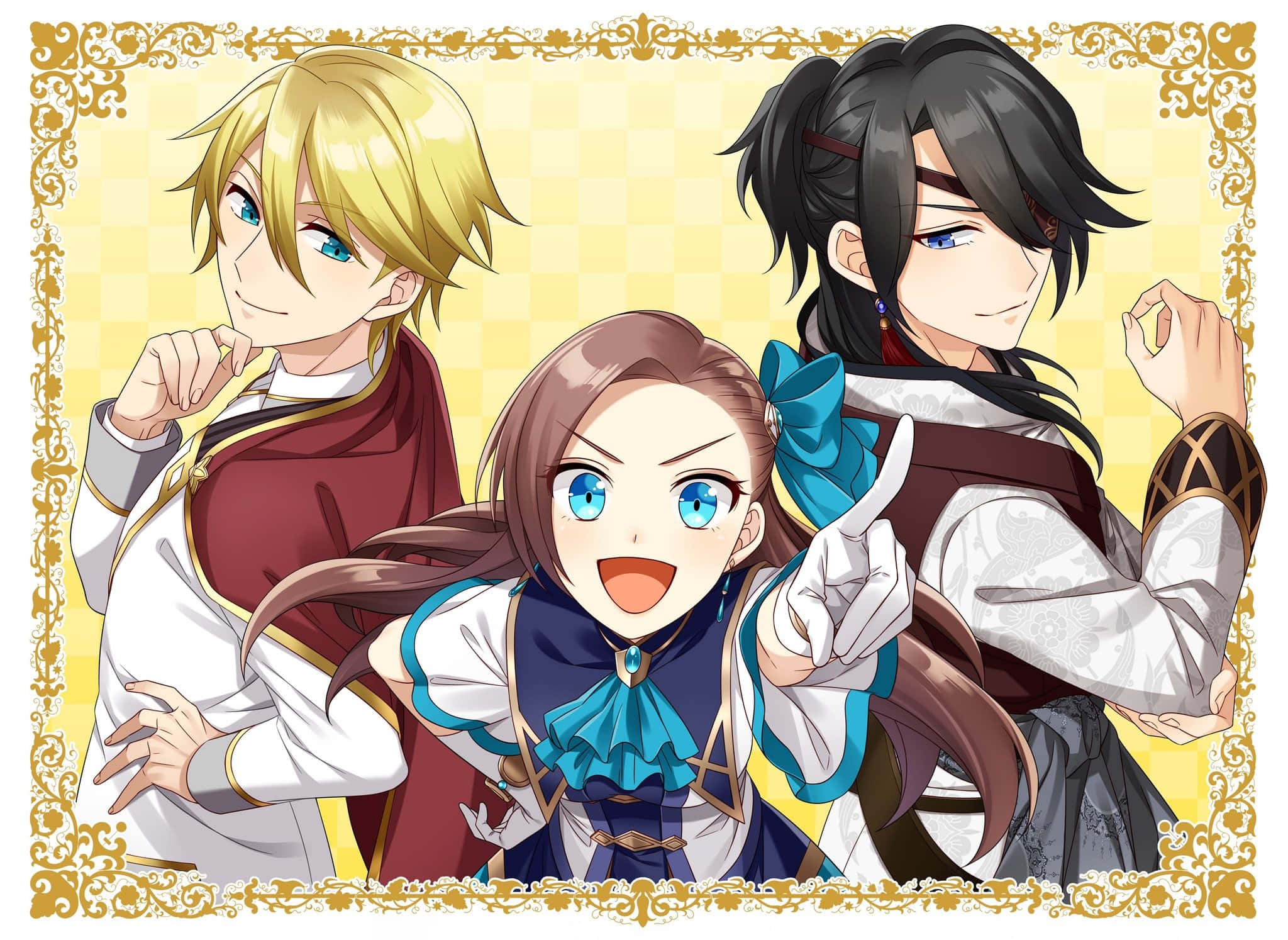 My Next Life As A Villainess All Routes Lead To Doom 桌布 壁紙 — 三個穿著華麗服裝的動漫角色在金色格子背景和裝飾框架前愉快地擺姿勢。