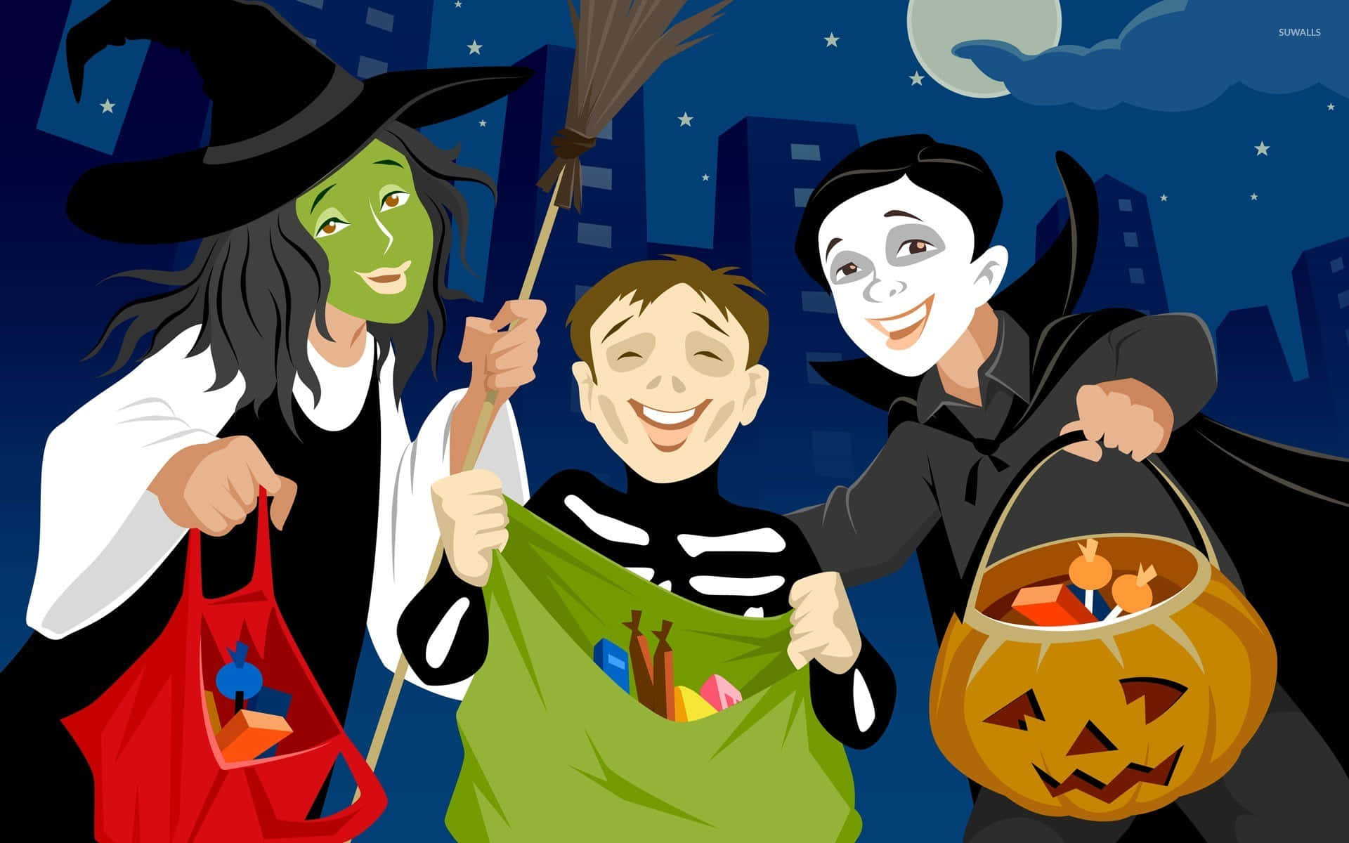 Trick Or Treat 桌布 壁紙 — 三個穿著萬聖節服裝的小孩在月光下的城市天空下開心地展示他們的糖果收穫。