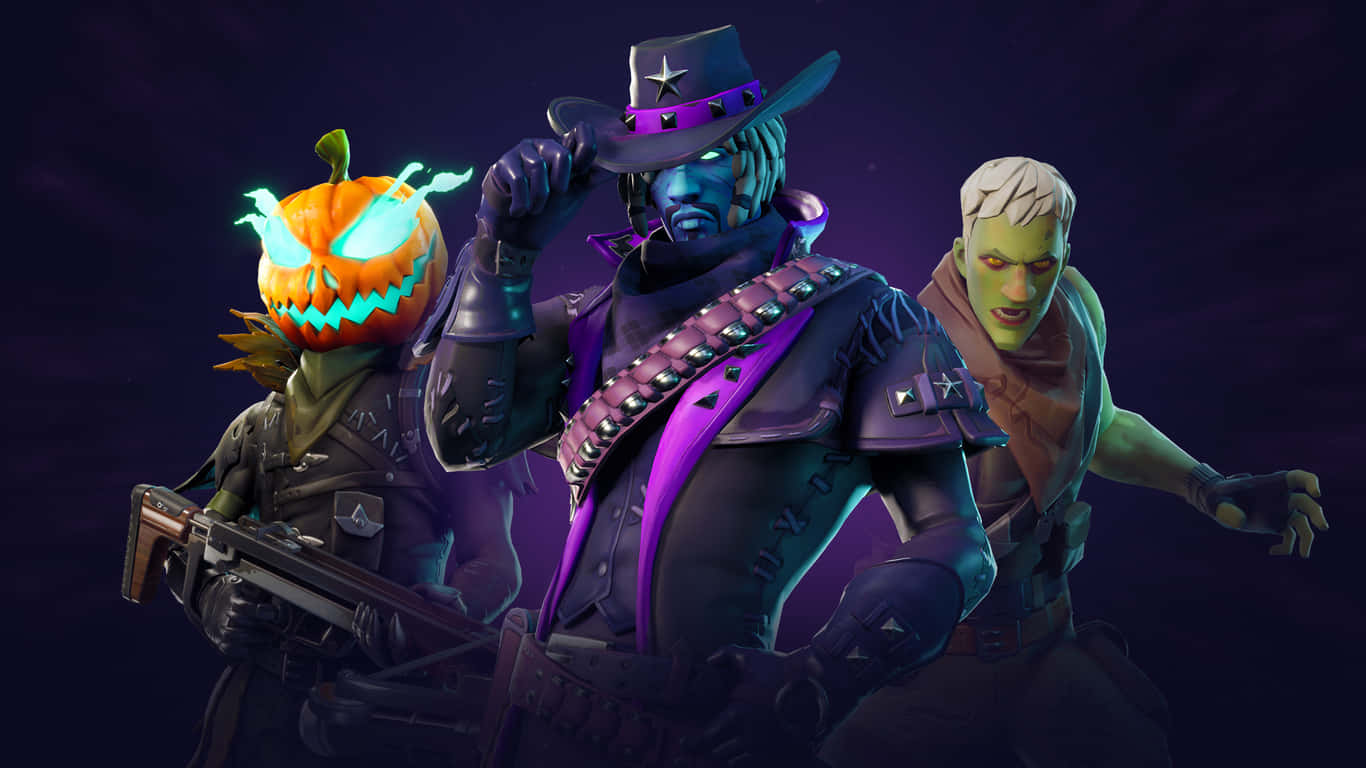 桌布 壁紙 — 三個穿著萬聖節裝備的Fortnite角色在深紫色背景上，與發光的南瓜燈一起戲劇性地擺姿勢。