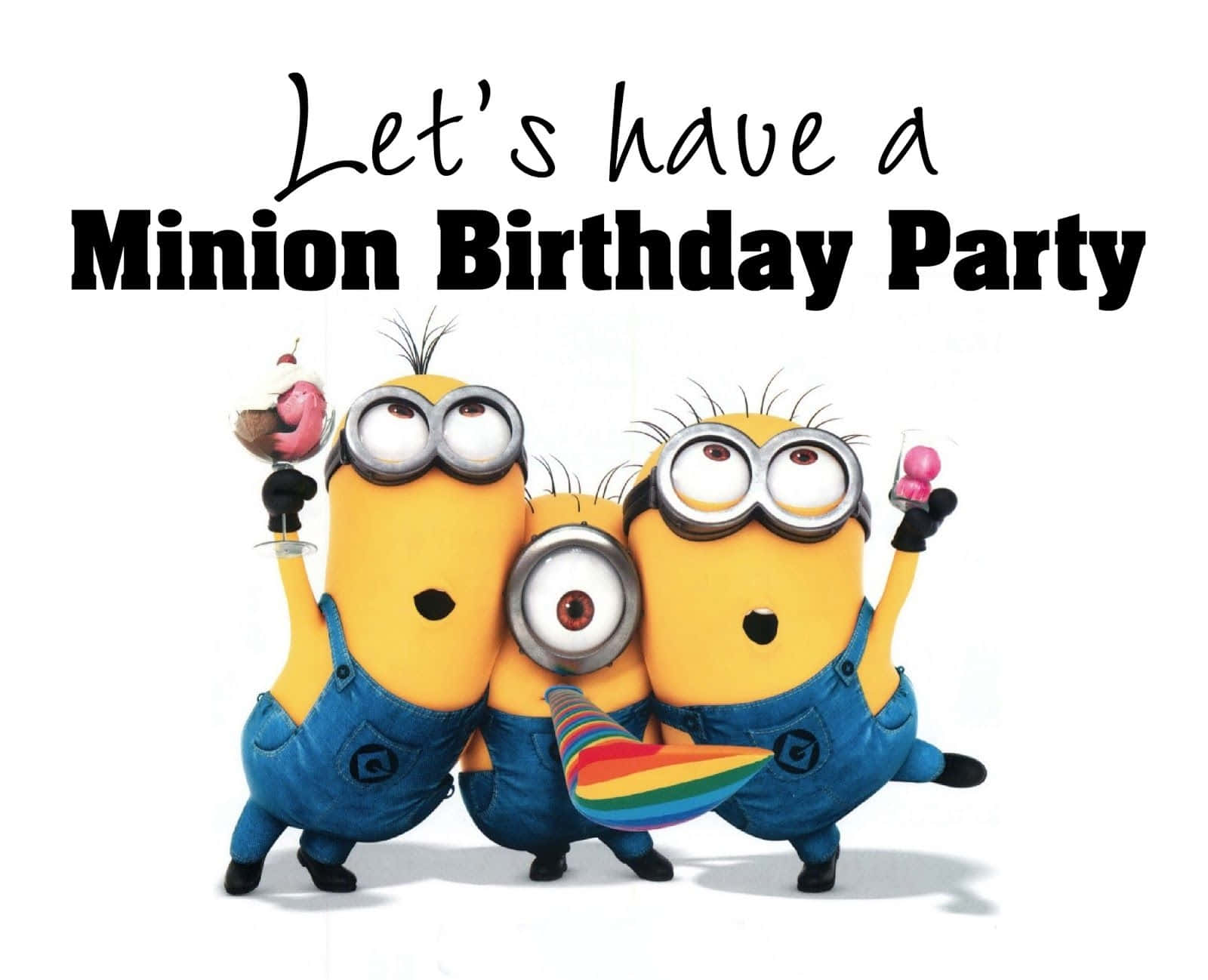 Minion Birthday 桌布 壁紙 — 三個穿著藍色吊帶褲的快樂黃色小小兵，在白色背景前用彩虹派對帽和飲料慶祝。