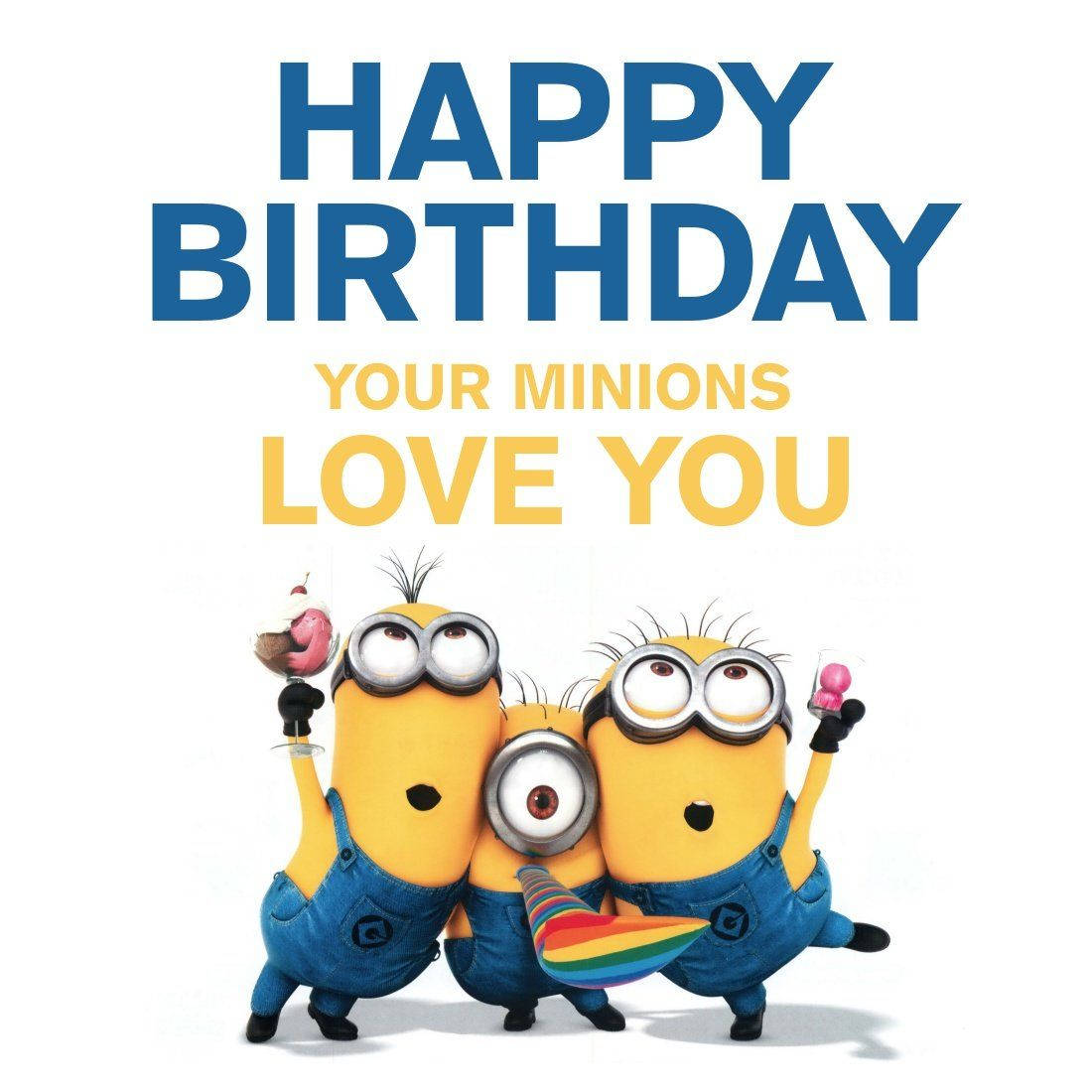 Minion 桌布 壁紙 — 三個穿著藍色工裝褲的開心黃色小小兵在粗體生日文字下舉杯暢飲。