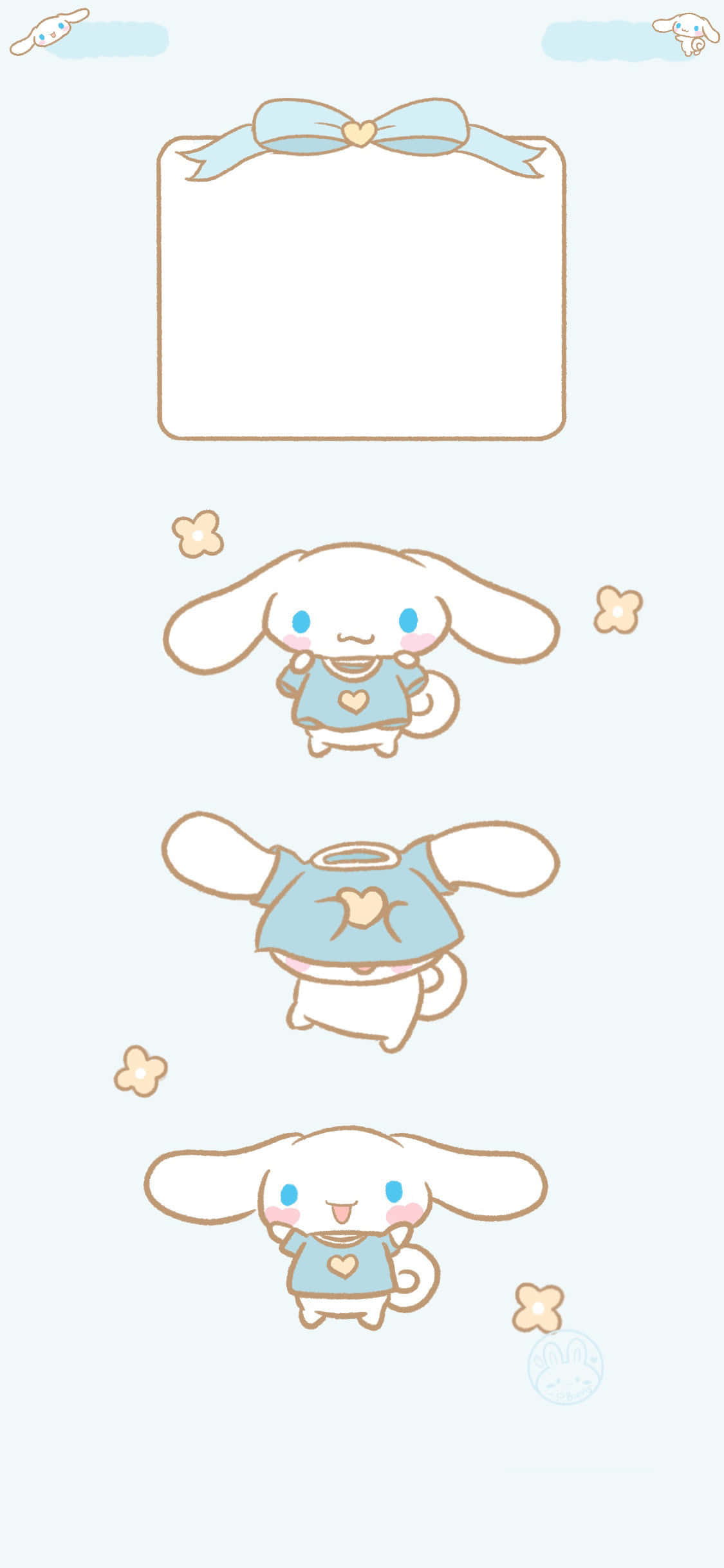 Cinnamoroll Laptop 桌布 壁紙 — 三個穿著藍色服裝的可愛Cinnamoroll角色在柔和的粉彩背景前，圍繞著一個空白筆記框頑皮地漂浮。