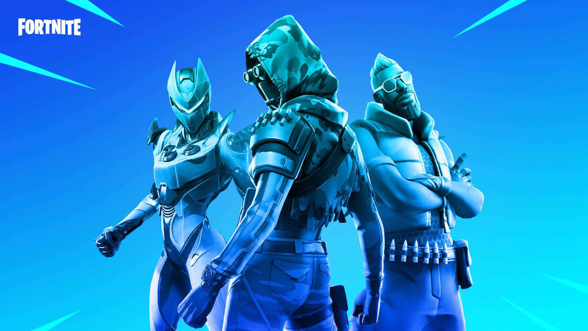 Fortnite Chapter 2 Season 6 桌布 壁紙 — 三個穿著藍色盔甲的Fortnite角色自信地站在帶有發光條紋的鮮豔藍色漸變背景前。