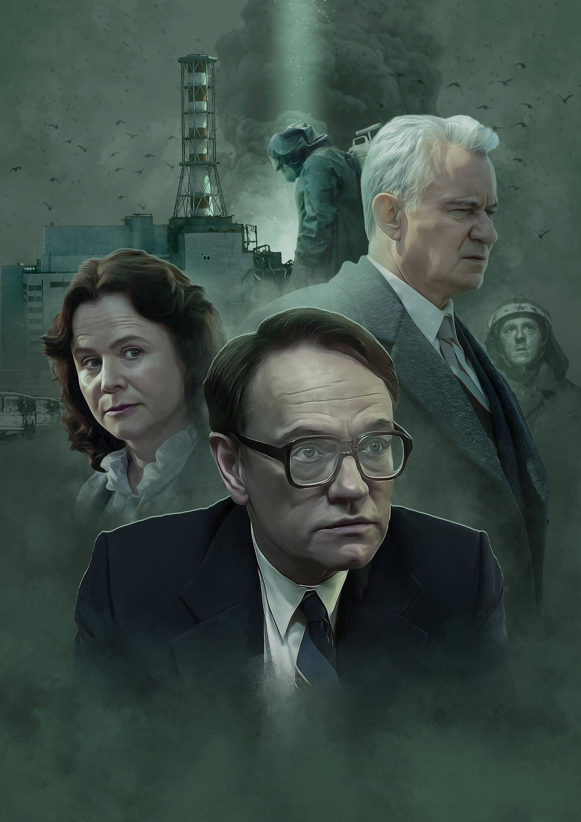 tv 桌布 壁紙 — 三個穿著西裝的莊嚴人物從綠色煙霧中出現，背景是冒煙的核電廠和士兵。