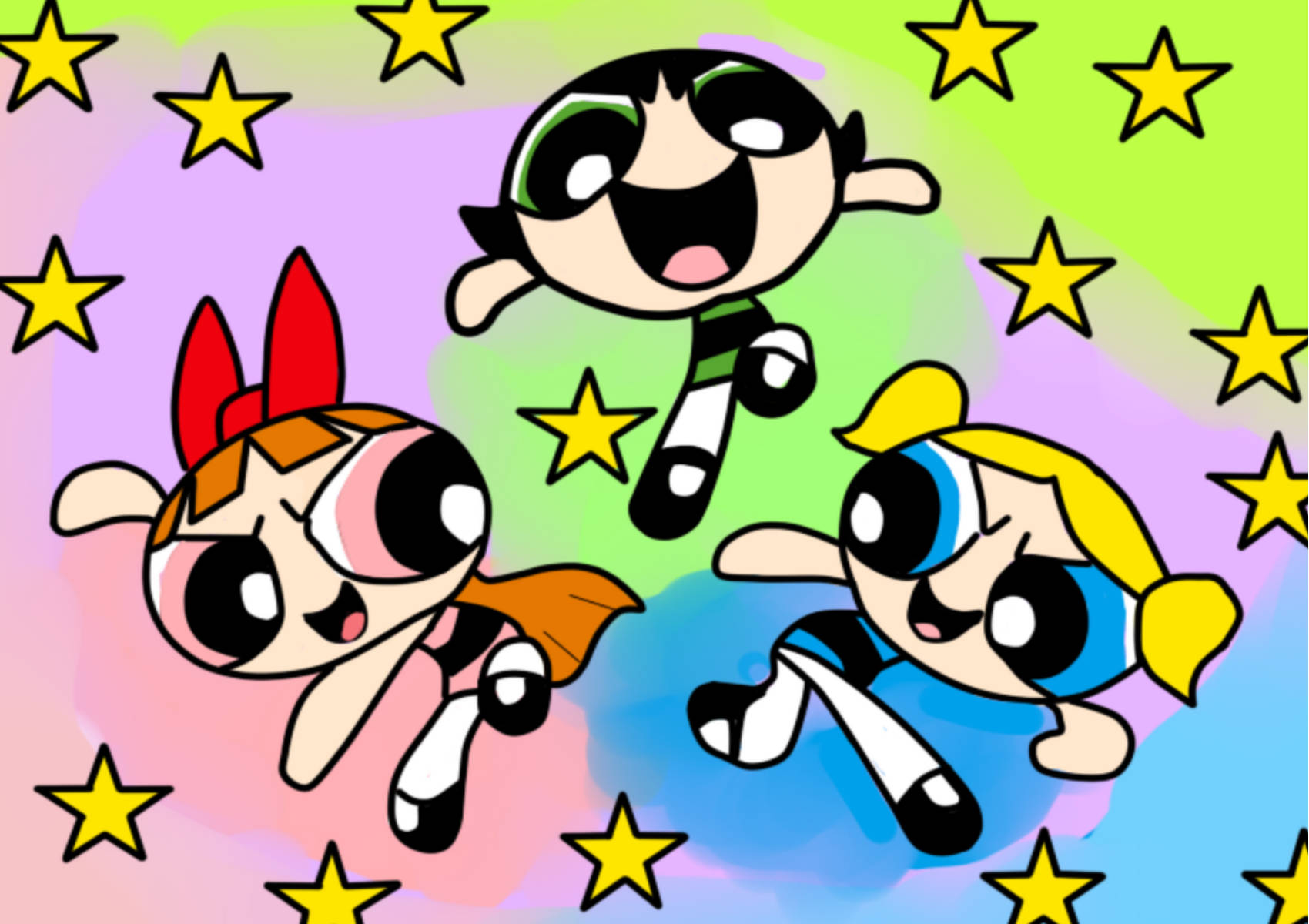 Cartoon Network Characters 桌布 壁紙 — 三個穿著超級英雄服裝的卡通女孩在充滿黃色星星的彩色天空中快樂地飛翔。
