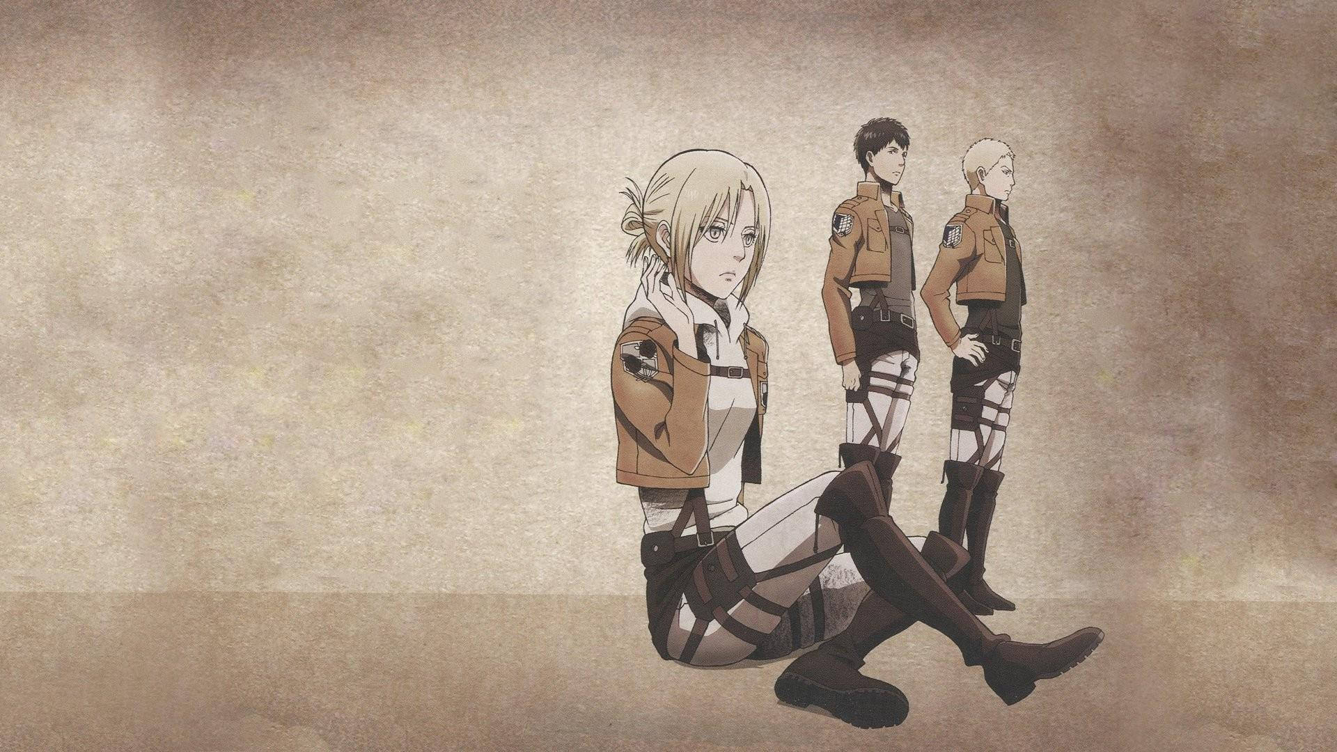 Reiner 桌布 壁紙 — 三個穿著軍裝的動漫角色坐在帶有紋理的米色背景上，色調柔和的大地色系。