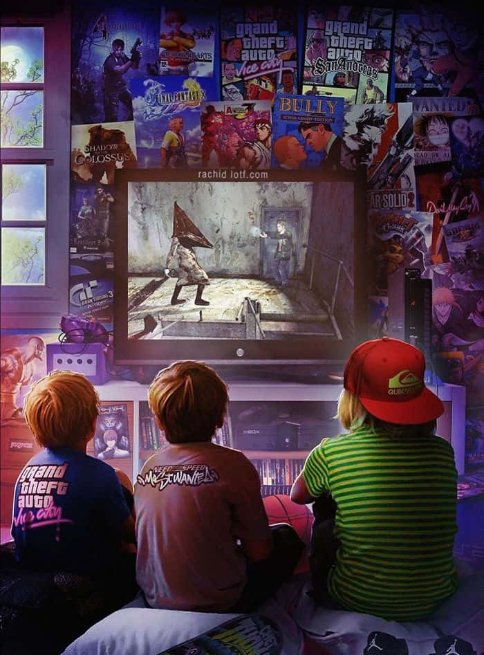 nostalgic 桌布 壁紙 — 三個穿著遊戲T恤的孩子在一個貼滿電玩海報的房間裡看電視上的恐怖遊戲。