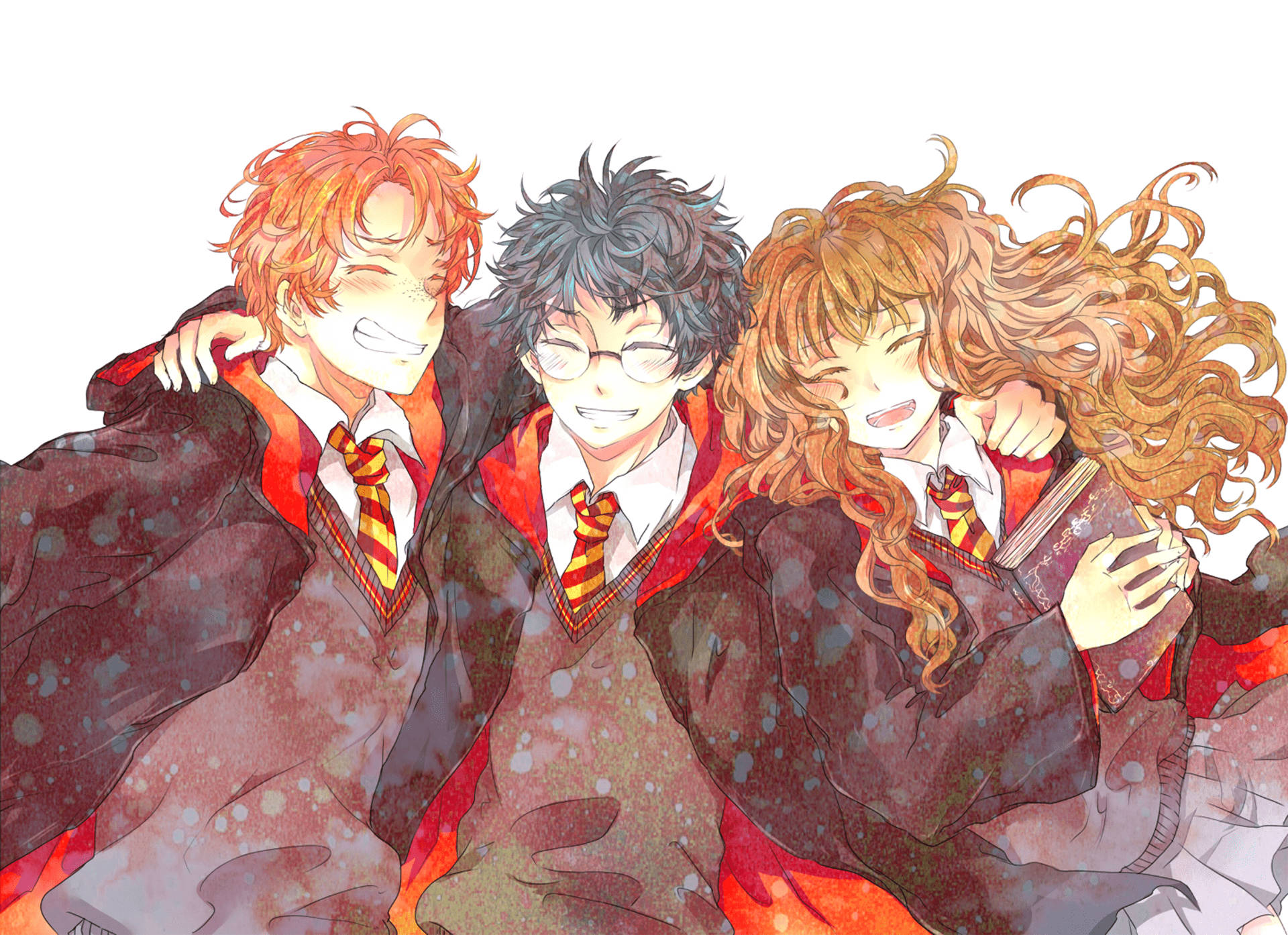 Hermione 桌布 壁紙 — 三個穿著霍格華茲長袍的開心動漫角色，在柔和的水彩背景前，帶著溫暖的笑容擠在一起。