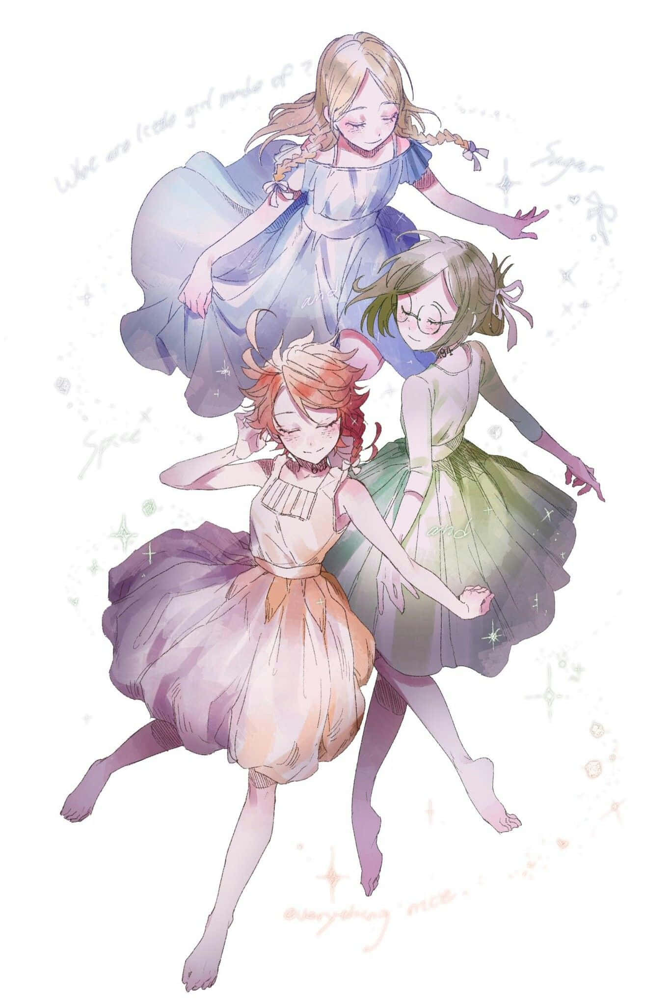 The Promised Neverland Gilda 桌布 壁紙 — 三個穿著飄逸連衣裙的奇幻動漫女孩，在閃爍的白色背景上優雅地漂浮，帶有柔和的粉彩色調。
