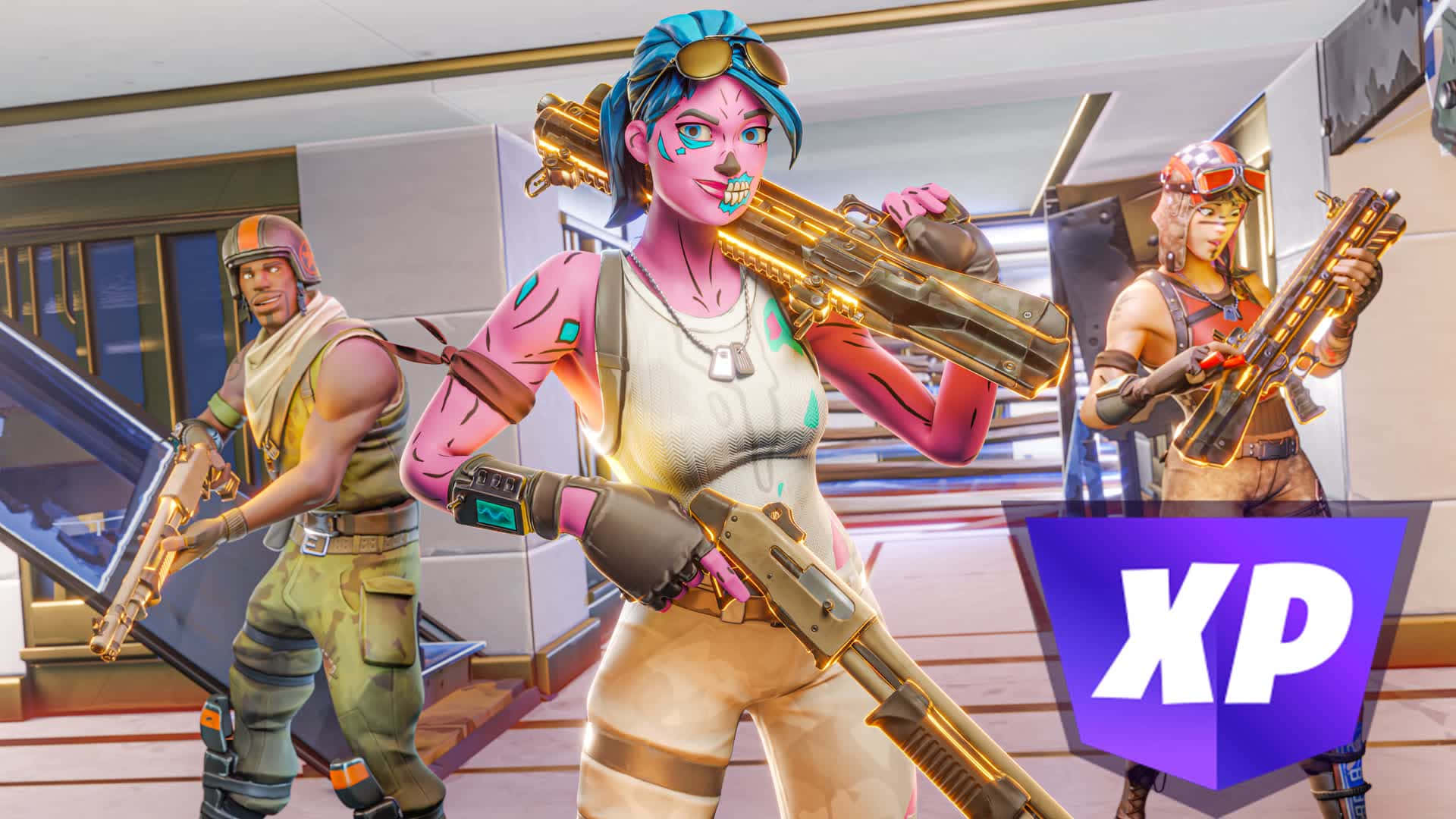 Aerial Assault Trooper 桌布 壁紙 — 三個穿著鮮豔服裝的Fortnite角色在帶有XP標誌的現代建築內手持發光武器。