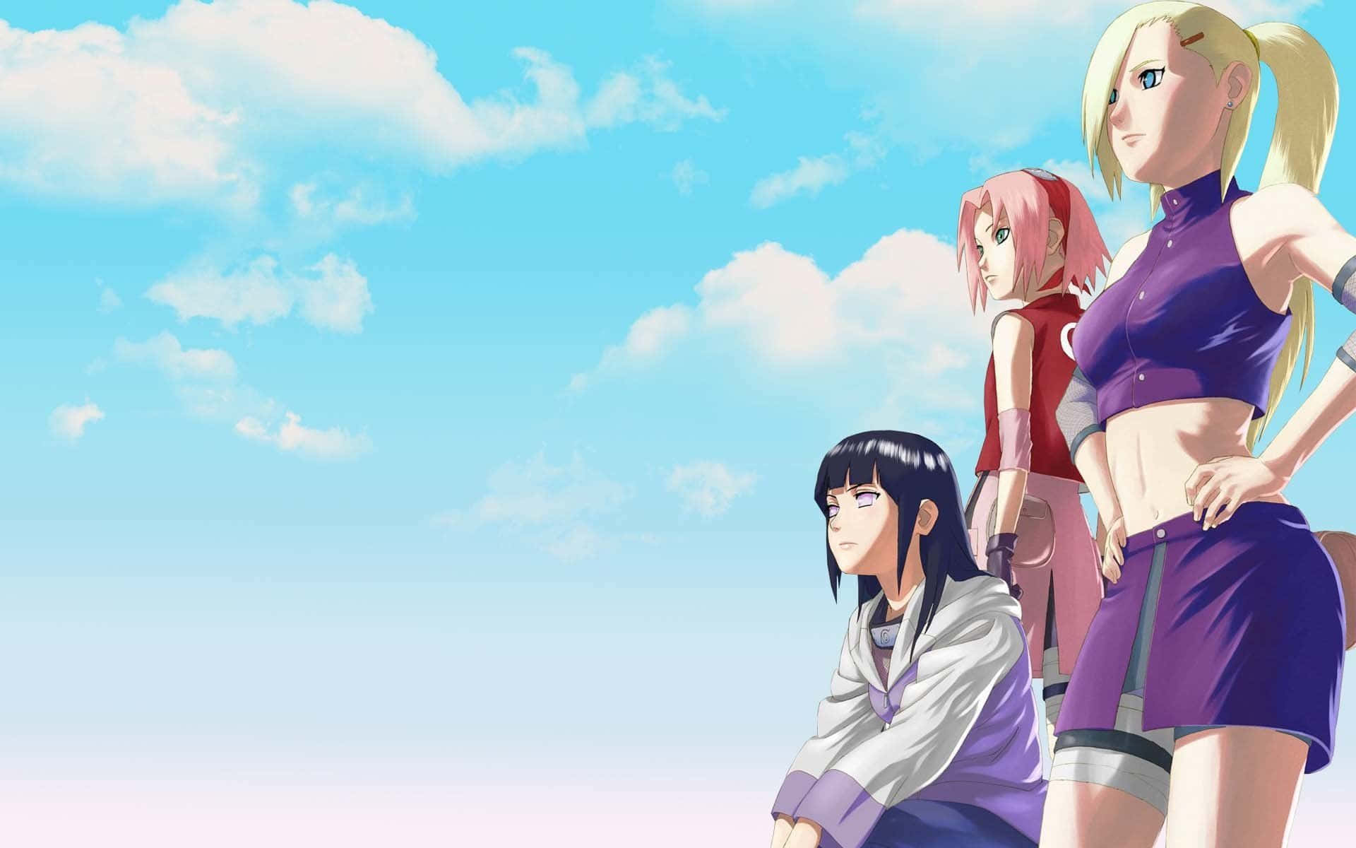 Ino Yamanaka 桌布 壁紙 — 三個穿著鮮豔服裝的動漫女孩站在明亮的藍天下，有蓬鬆的白雲。