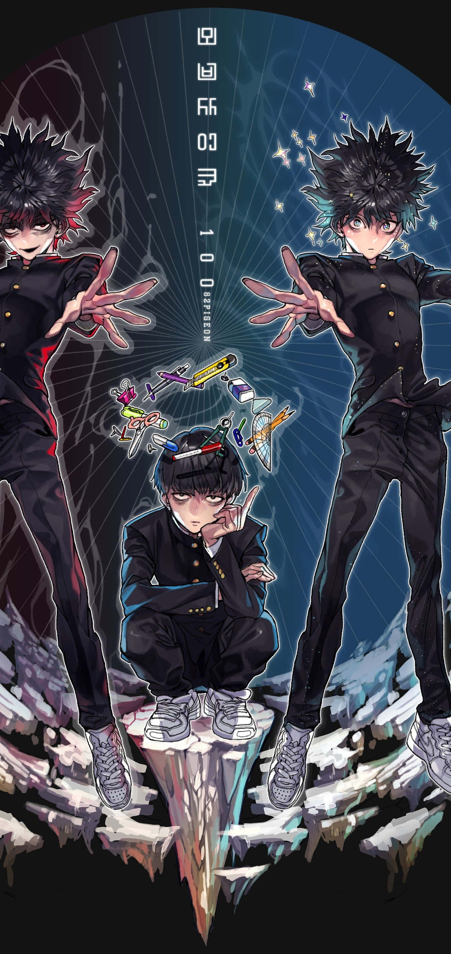 Mob Psycho iPhone 桌布 壁紙 — 三個穿著黑色制服的動畫男孩站在一個碎裂的冰平台上，有漂浮的鉛筆，背景是深藍色星空。