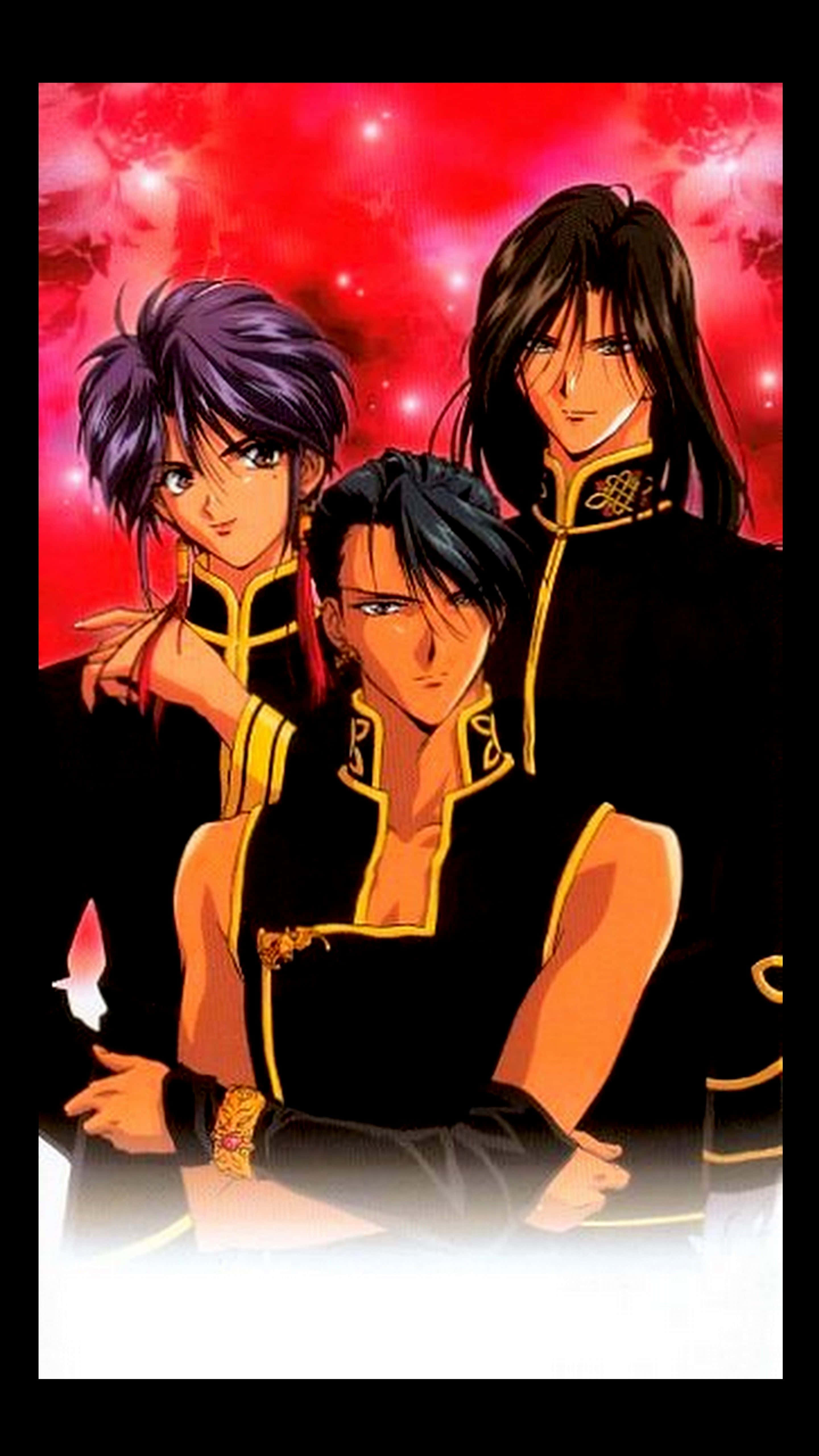 Fushigi Yuugi 桌布 壁紙 — 三個穿著黑色和金色制服的動漫角色，在發光的紅色宇宙背景前自信地站著。