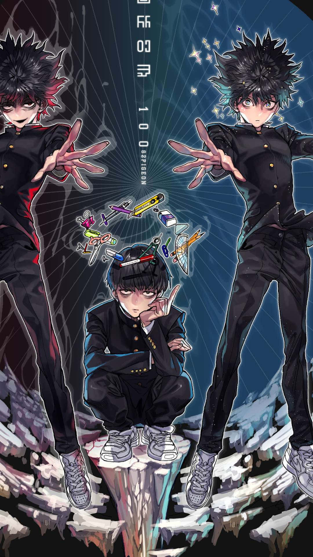 動漫 桌布 壁紙 — 三個穿著黑色校服的動漫男孩站在破碎的混凝土上，背景是藍色星空和漂浮的武器。