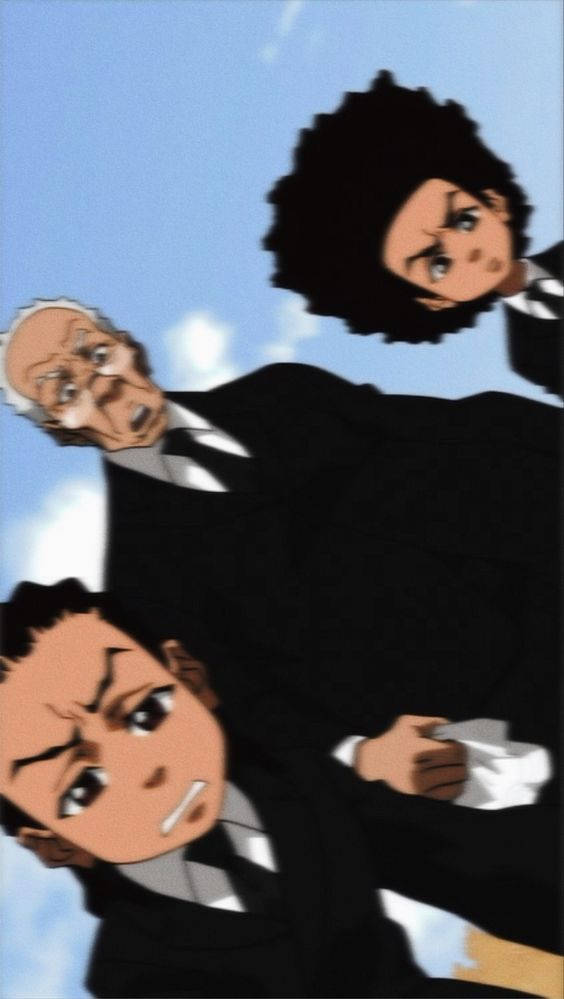 Black Cartoon iPhone 桌布 壁紙 — 三個穿著黑色西裝的動漫角色，在藍天白雲的背景下，帶著強烈的表情向下看。
