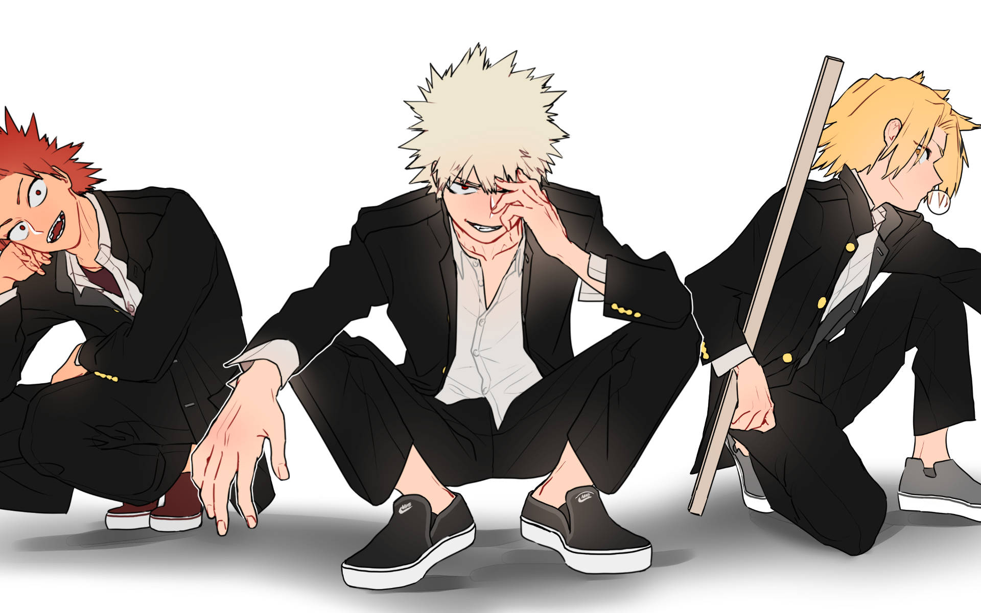 Kirishima 桌布 壁紙 — 三個穿著黑色西裝的動畫男孩蹲在普通地板上，表情豐富，姿勢動感。