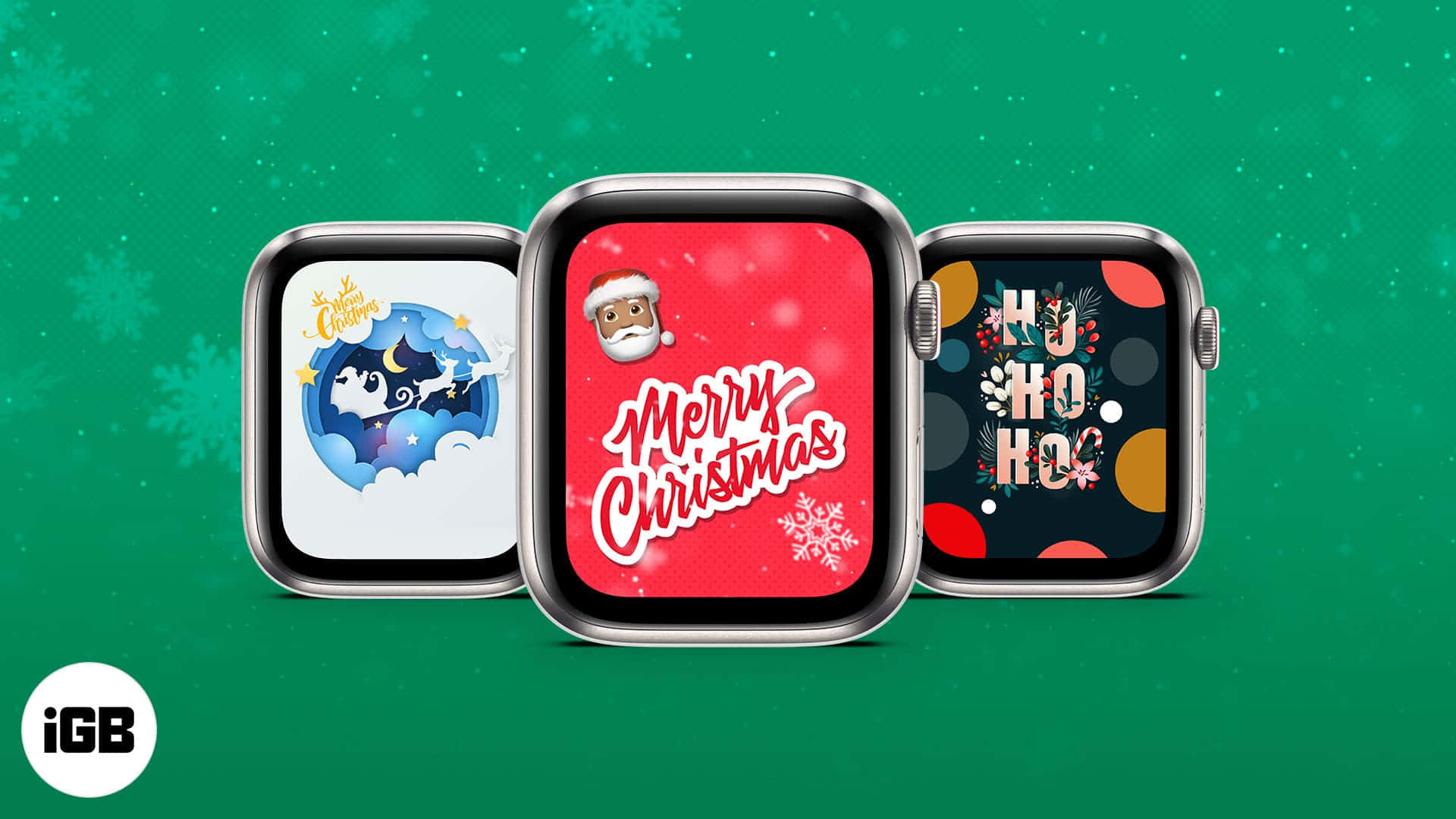 三個帶有聖誕設計的 Apple Watch 錶面在綠色背景上。 — Apple Watch 動態 壁紙
