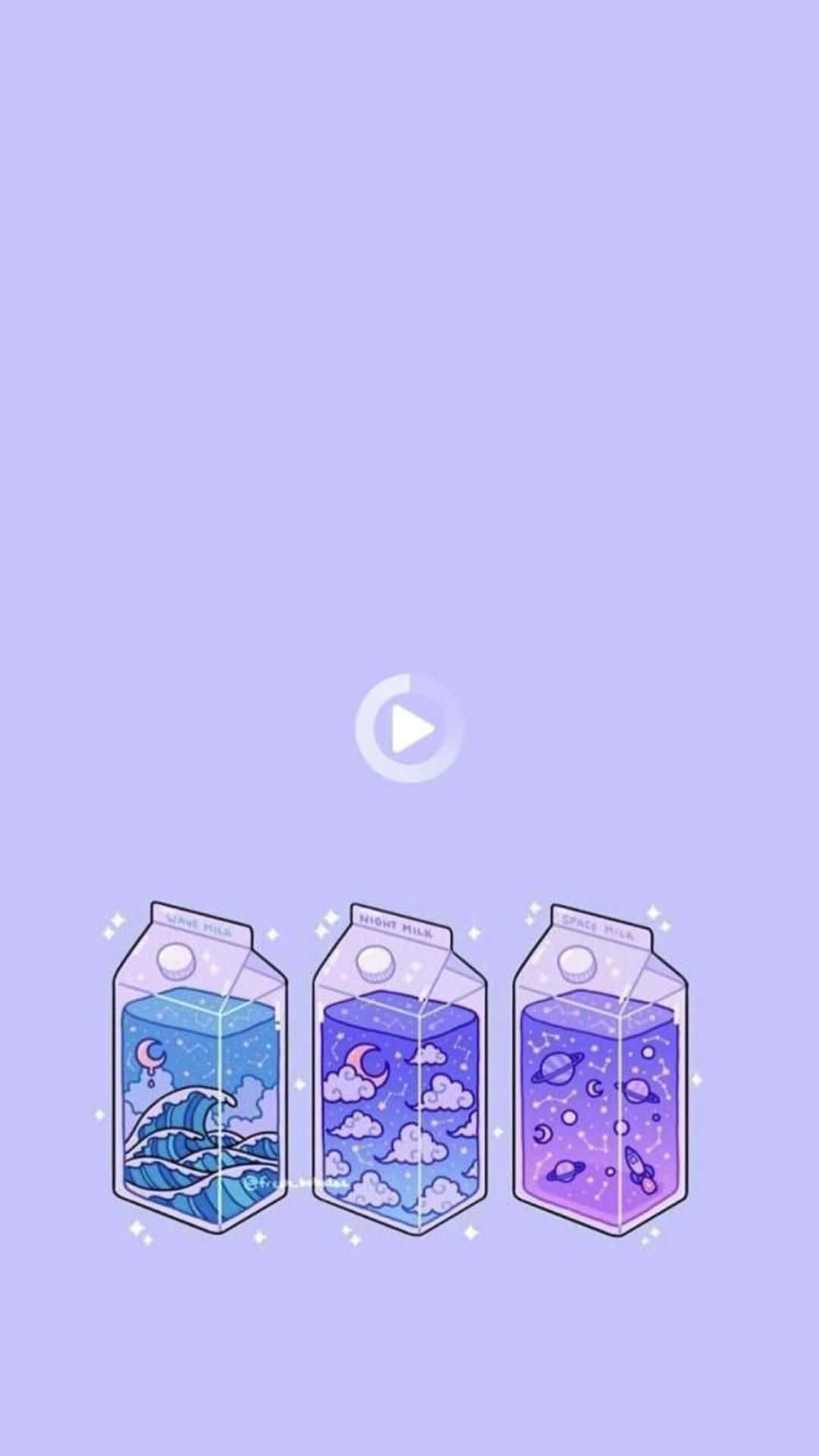 美學 桌布 壁紙 — 三個粉彩牛奶盒，裝滿了夢幻的宇宙場景，包括波浪、雲朵和星系，背景為薰衣草色。