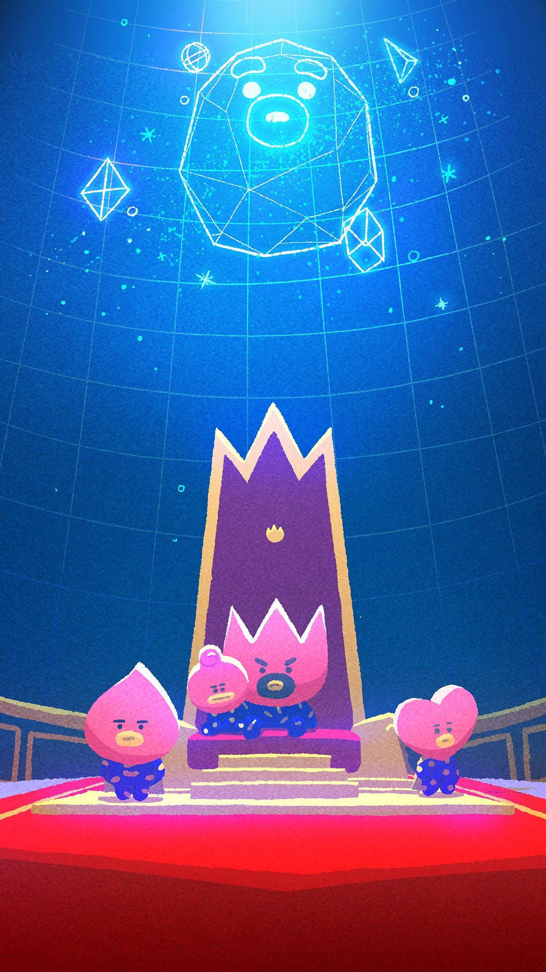 塔塔 BT21 桌布 壁紙 — 三個粉紅色卡通角色站在一個寶座前，上方是閃爍的幾何熊星座，背景是星空藍色穹頂。
