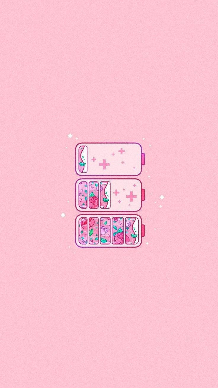 girly pink aesthetic 桌布 壁紙 — 三個粉紅色指甲油盒疊在一起，帶有可愛花卉設計，漂浮在帶有閃粉的柔和粉紅色背景上。