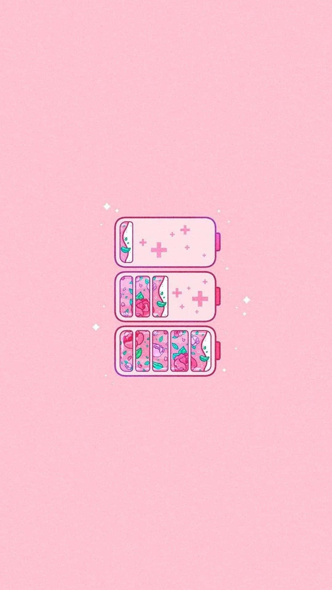 Pink Aesthetic Anime Phone 桌布 壁紙 — 三個粉紅色插圖指甲油盒，帶有花卉圖案和閃光，堆疊在柔和的粉紅色背景上。