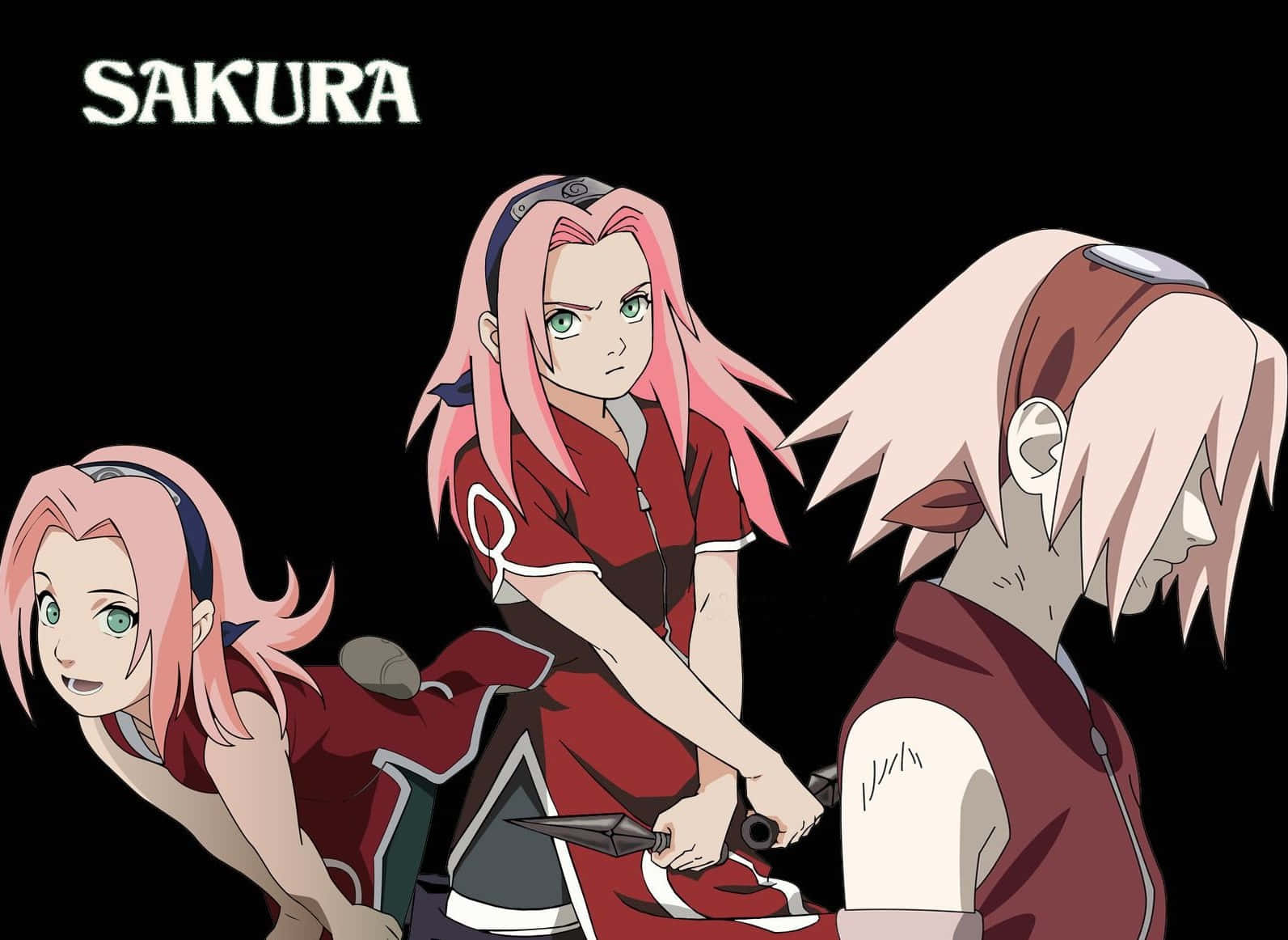 Naruto Black 桌布 壁紙 — 三個粉紅色頭髮的動漫角色穿著紅色忍者服裝，在黑色背景前動態擺姿勢。