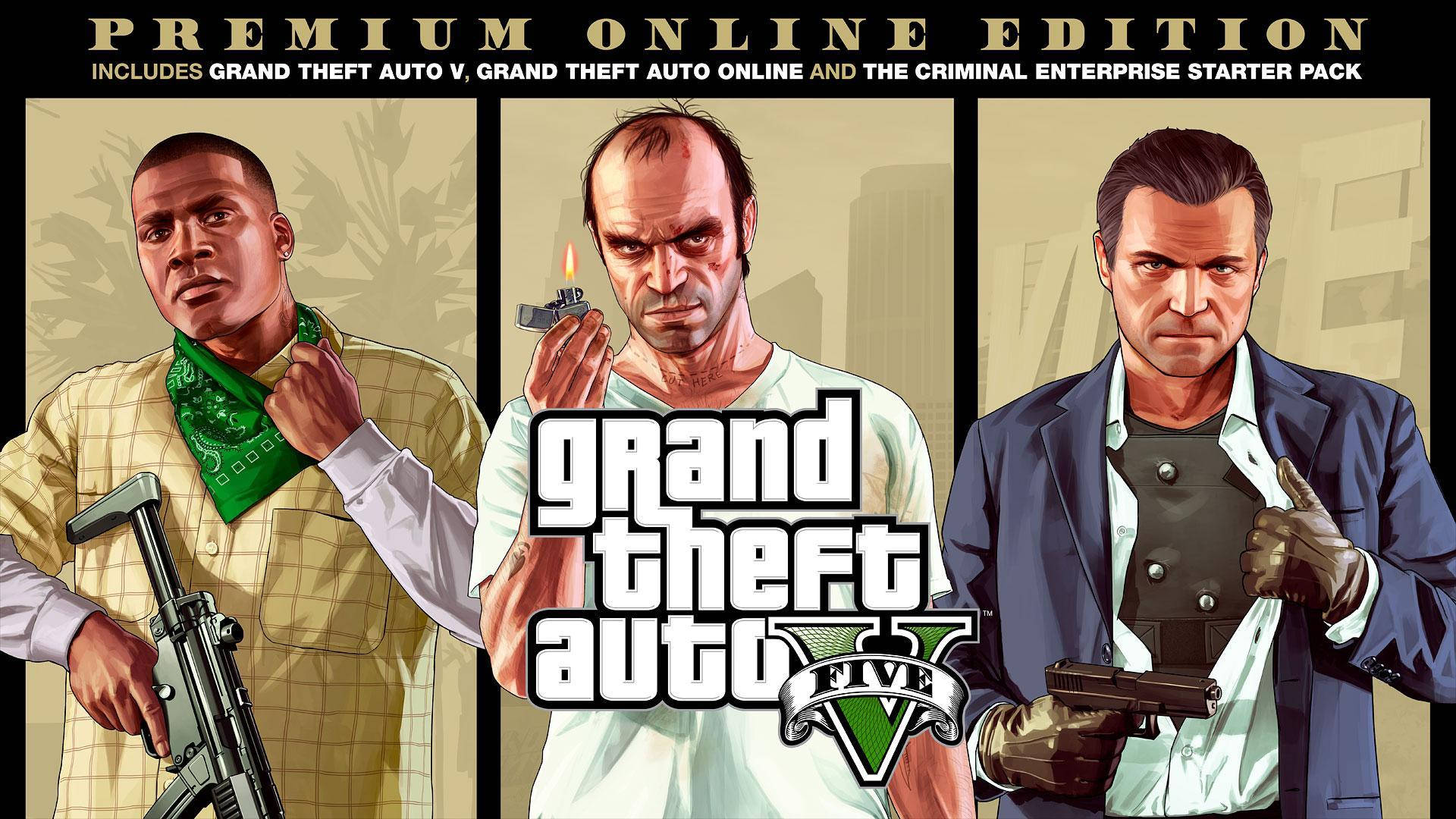 v 桌布 壁紙 — 三個粗獷的GTA V主角站在三聯畫中，每個都武裝且神情強烈，背景是風格化的城市景觀。